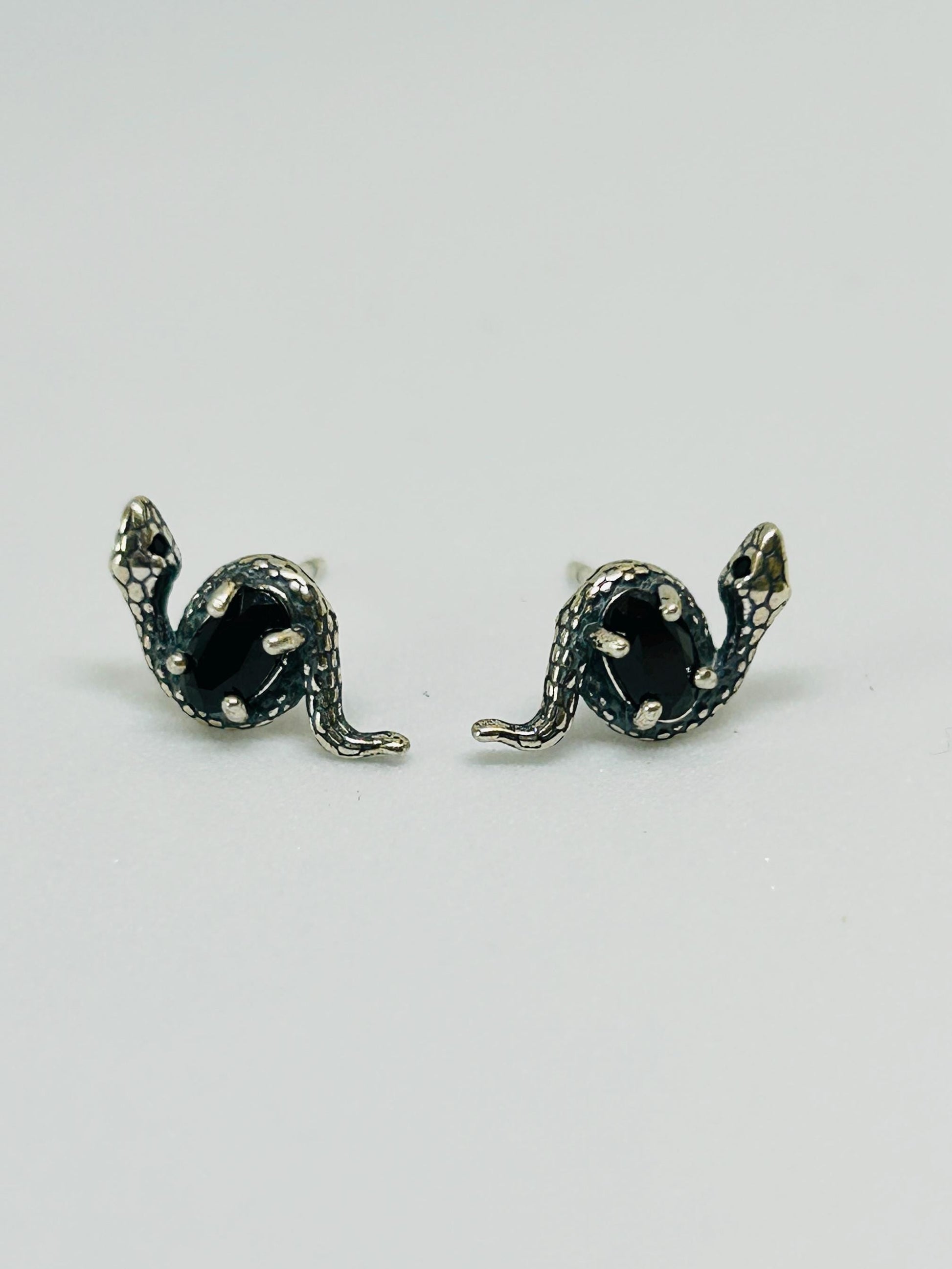 Small Snake Earrings With Black Spinel Gemstones - 925 Sterling Silver - Gothic Serpent Jewellery Celtic Dragon Jewellery