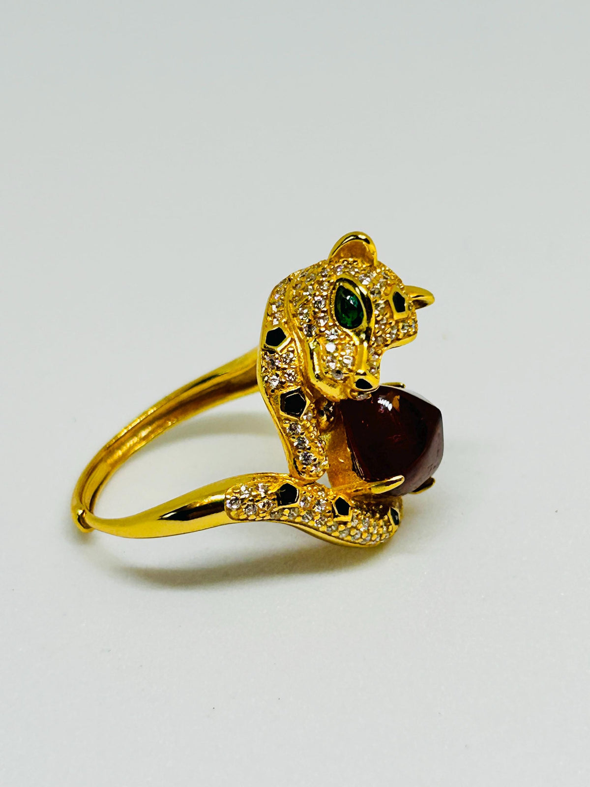 Leopard Statement Ring – Gold Plated Sterling Silver, Orange Garnet, CZ Eyes Celtic Dragon Jewellery