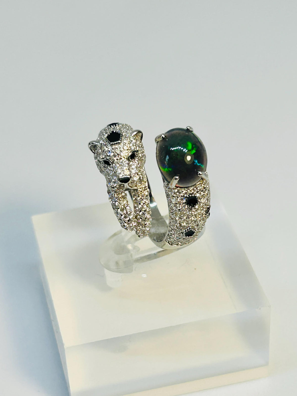 Leopard Statement Ring With Black Opal in 925 Sterling Silver - Adjustable Animal Jewellery Celtic Dragon Jewellery