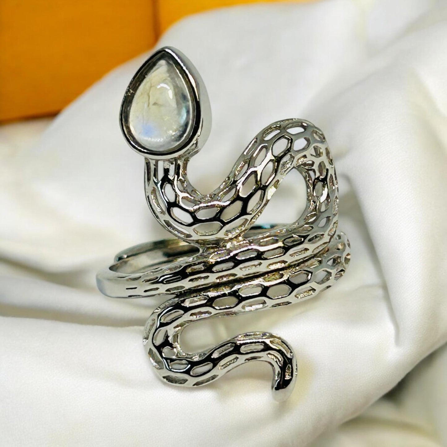 Snake Ring With Moonstone in 925 Sterling Silver - Adjustable Gothic Serpent Jewellery Celtic Dragon Jewellery
