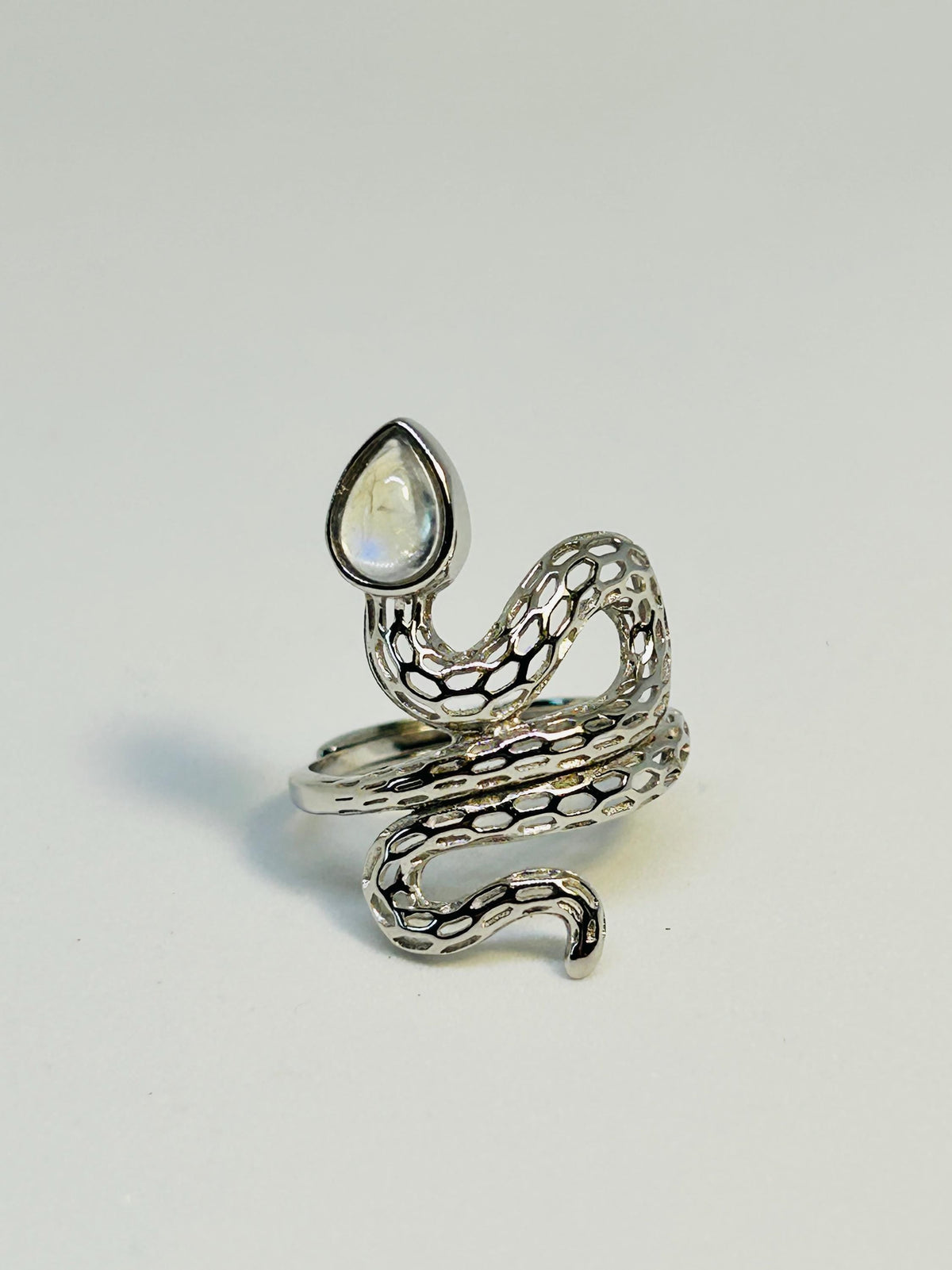 Snake Ring With Moonstone in 925 Sterling Silver - Adjustable Gothic Serpent Jewellery Celtic Dragon Jewellery