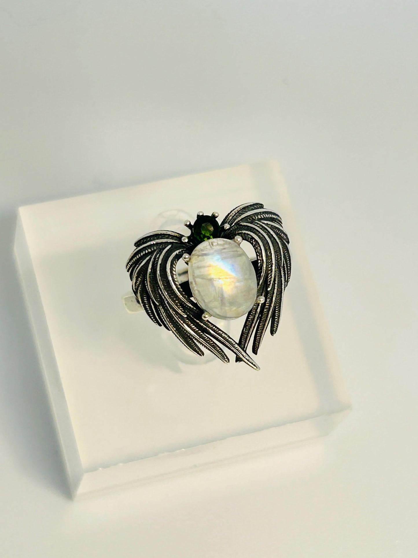 Angel Wings Ring With Moonstone & Diopside in 925 Sterling Silver - Adjustable Statement Jewellery Celtic Dragon Jewellery