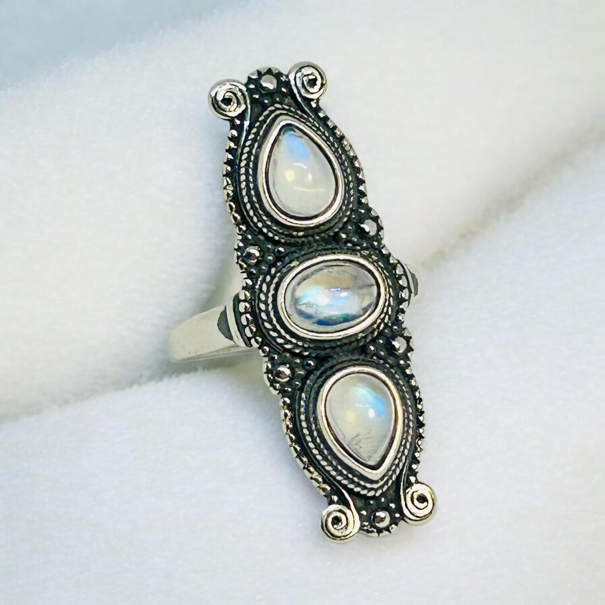 Triple Moonstone Ring in 925 Sterling Silver - Adjustable Gothic Statement Jewellery Celtic Dragon Jewellery