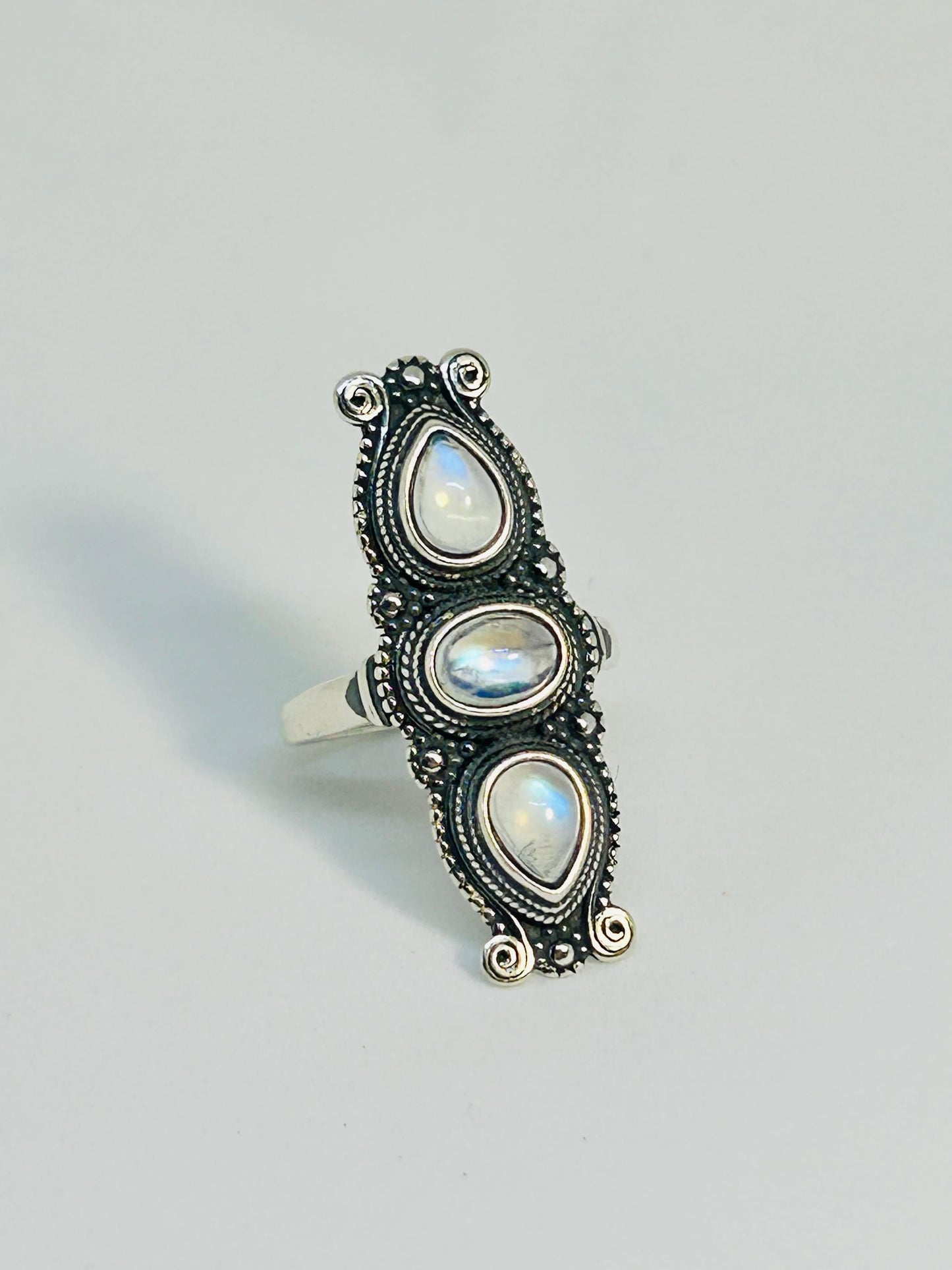 Triple Moonstone Ring in 925 Sterling Silver - Adjustable Gothic Statement Jewellery Celtic Dragon Jewellery