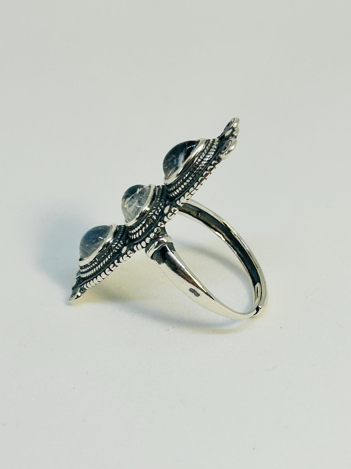 Triple Moonstone Ring in 925 Sterling Silver - Adjustable Gothic Statement Jewellery Celtic Dragon Jewellery