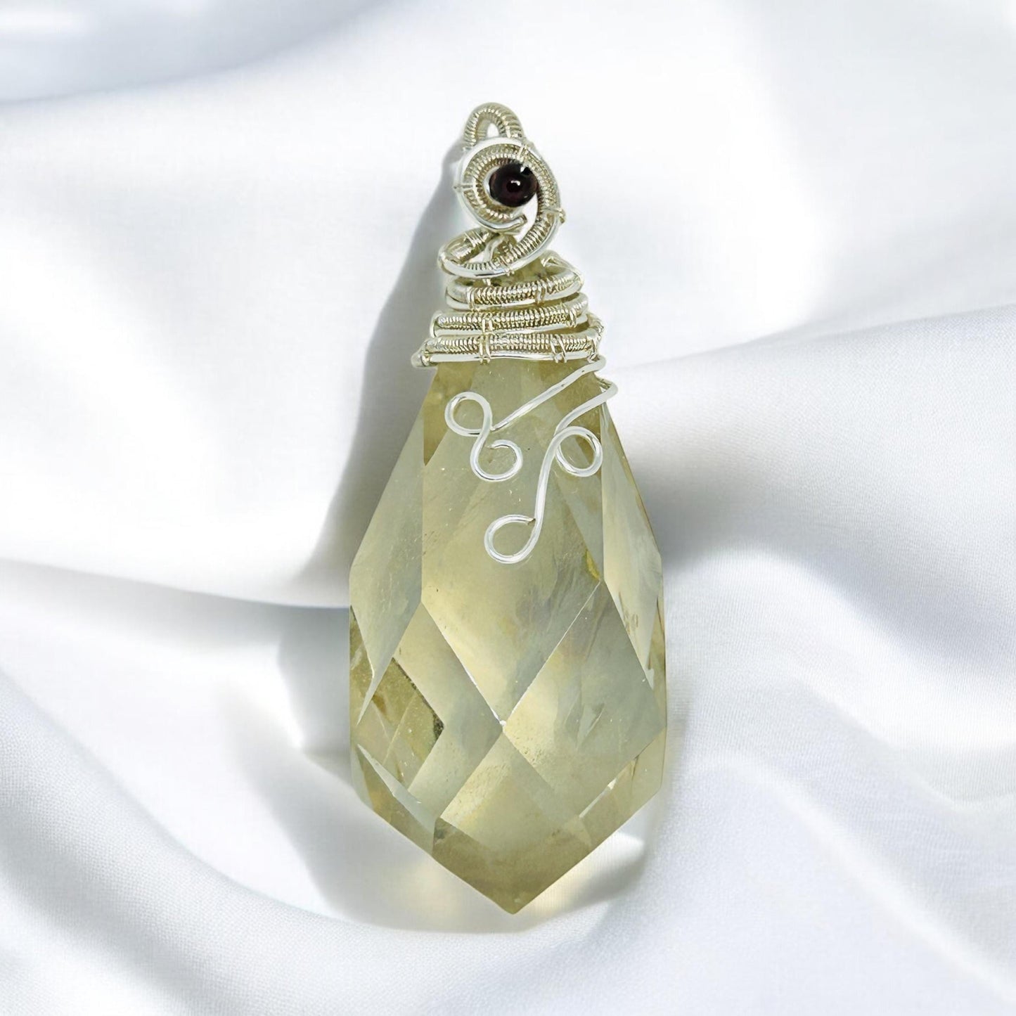 925 Silver Wire Wrapped Citrine Teardrop Pendant with Garnet Bead - with Gift Bag Celtic Dragon Jewellery
