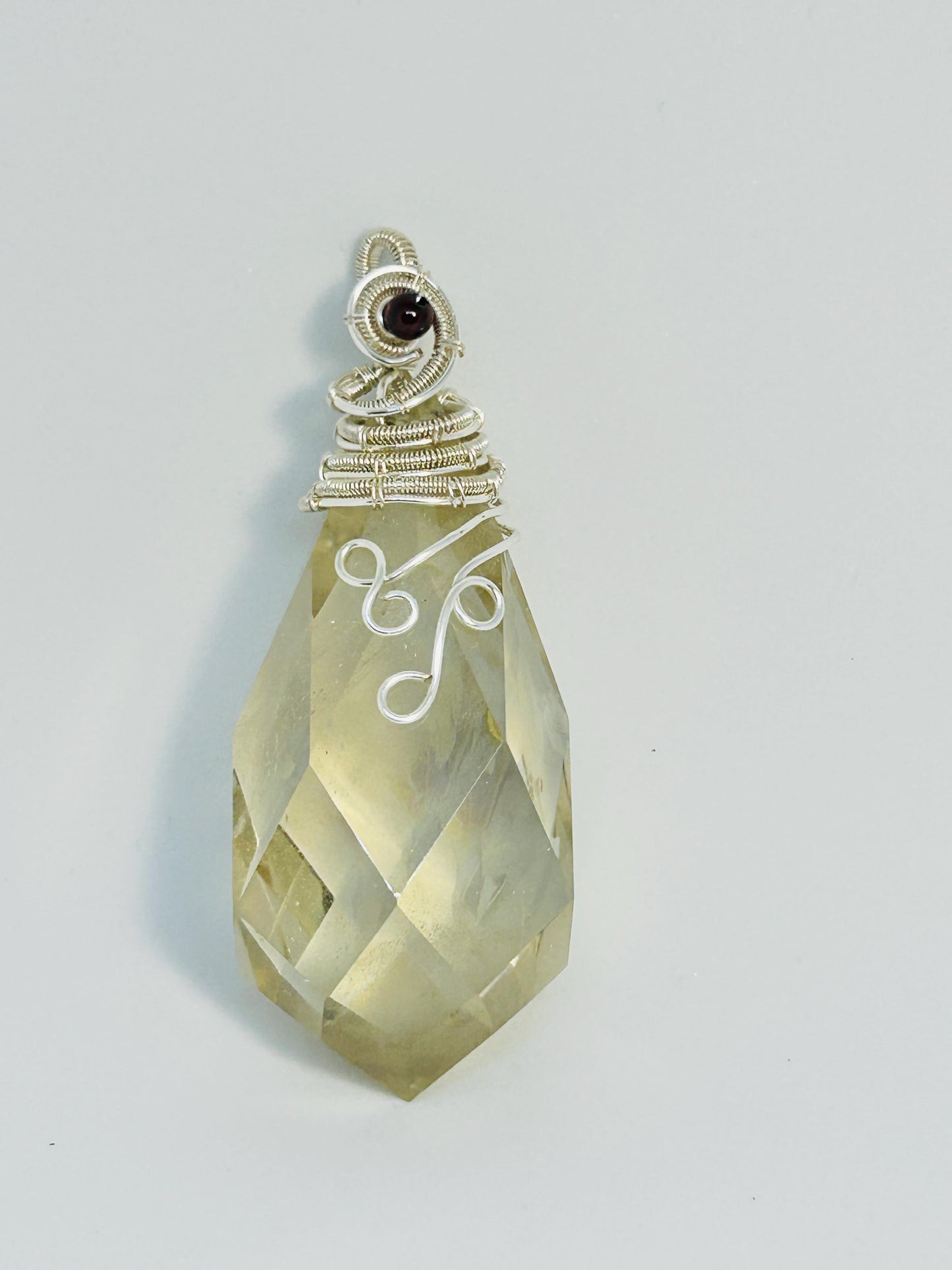 925 Silver Wire Wrapped Citrine Teardrop Pendant with Garnet Bead - with Gift Bag