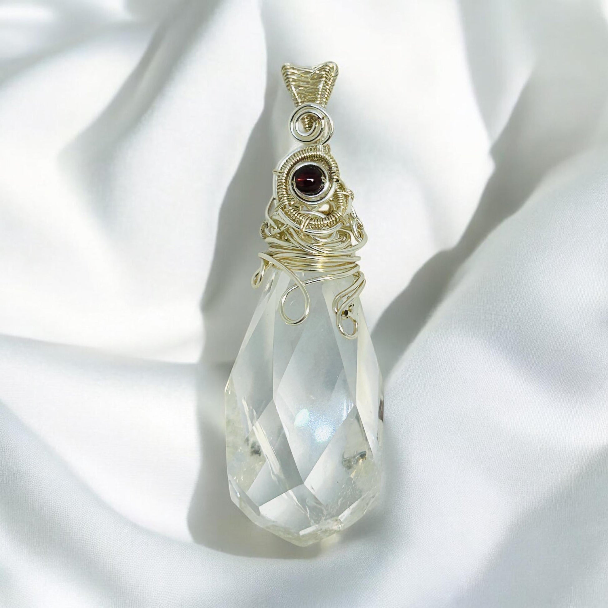 Wire Wrapped Clear Quartz Teardrop Pendant with Garnet Bead - With Gift Bag Celtic Dragon Jewellery