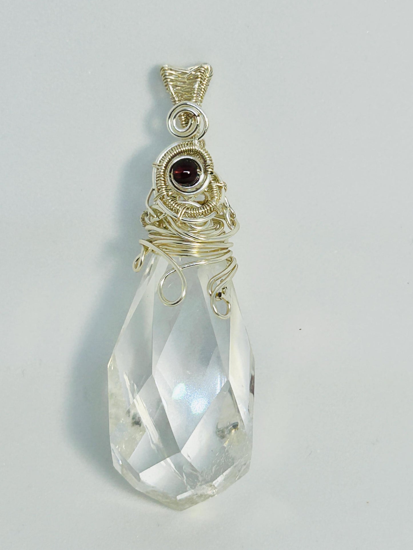 Wire Wrapped Clear Quartz Teardrop Pendant with Garnet Bead - With Gift Bag