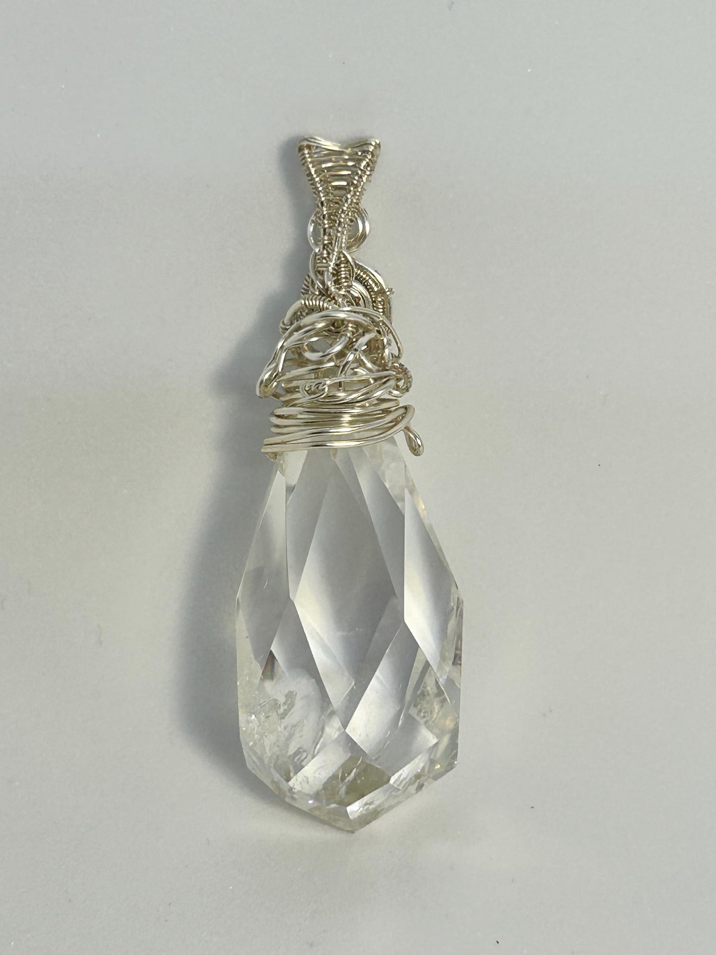 Wire Wrapped Clear Quartz Teardrop Pendant with Garnet Bead - With Gift Bag