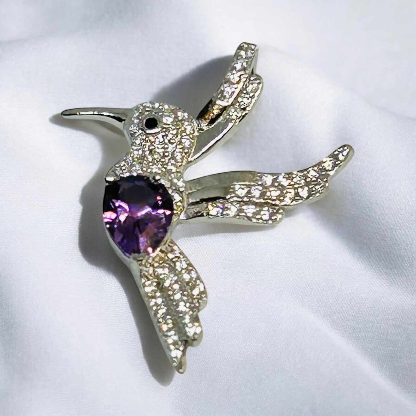 Sterling Silver Hummingbird Pendant – Amethyst Gemstone, CZ Accents (Gift Boxed) Celtic Dragon Jewellery