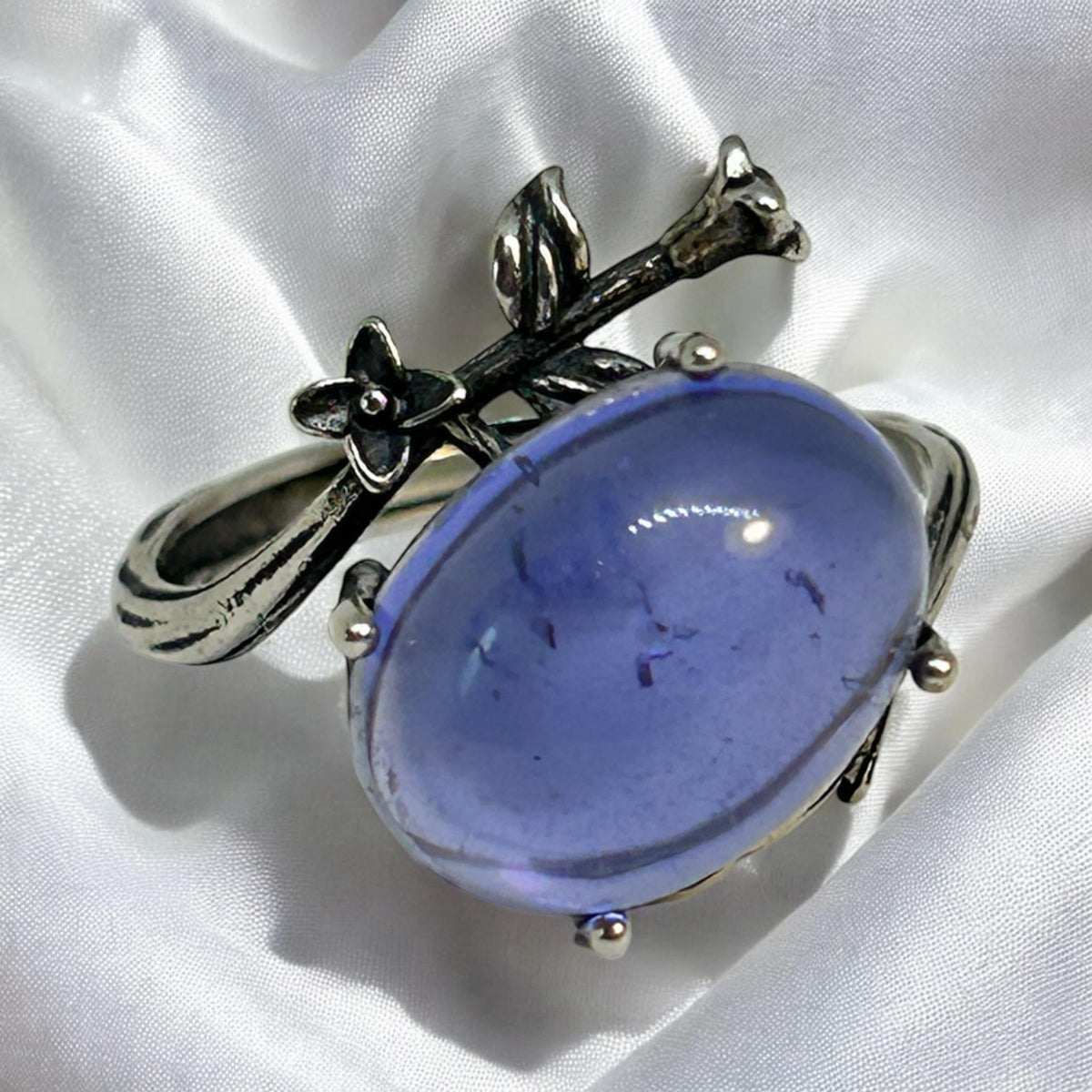 Oval Blue Fluorite Ring, Floral Sterling Silver, Adjustable Band Celtic Dragon Jewellery