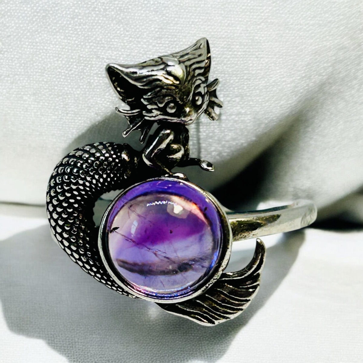 Naga Ring With Amethyst Gemstone in 925 Sterling Silver - Adjustable Gothic Jewellery