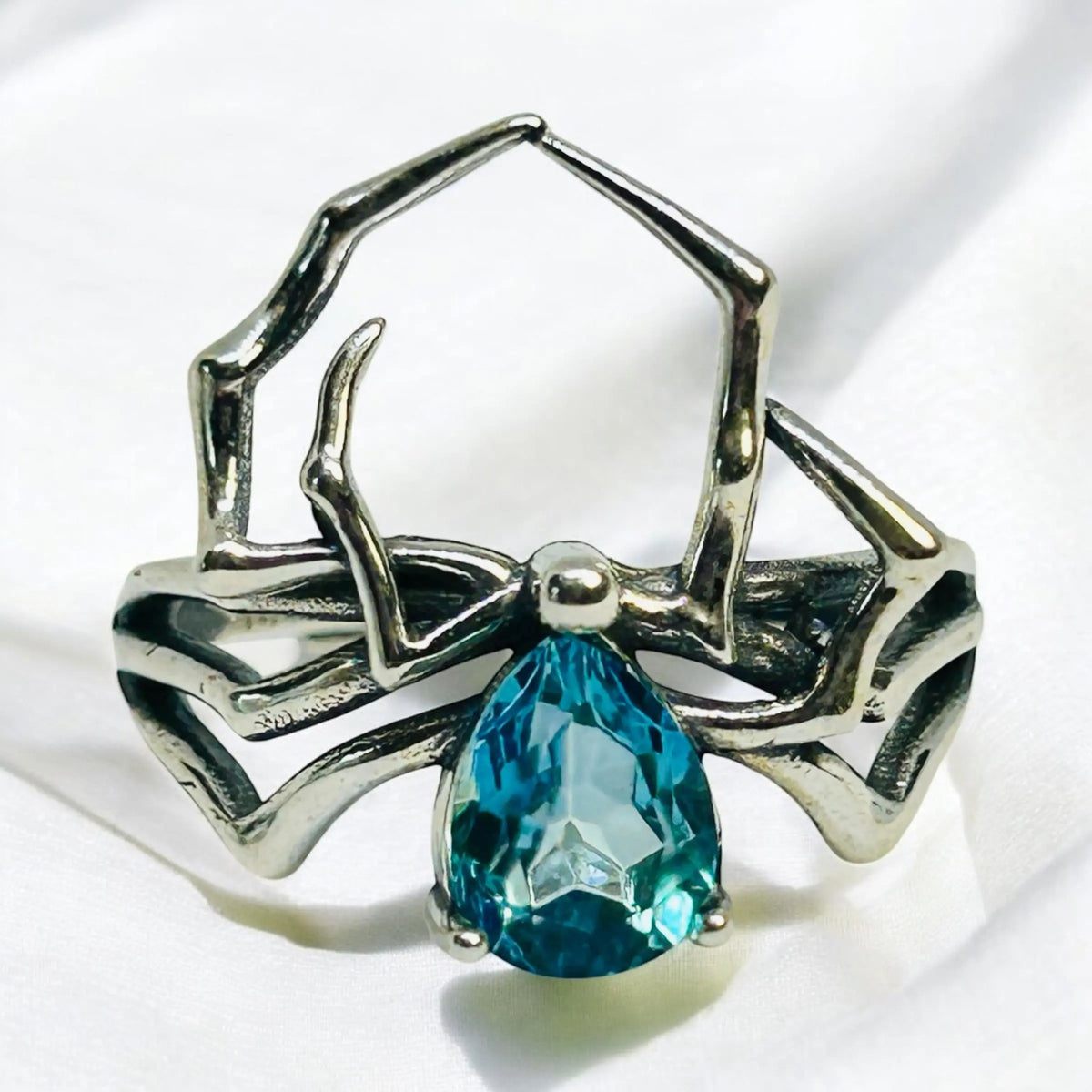 Spider Ring With Blue Topaz in 925 Sterling Silver - Adjustable Gothic Jewellery Celtic Dragon Jewellery