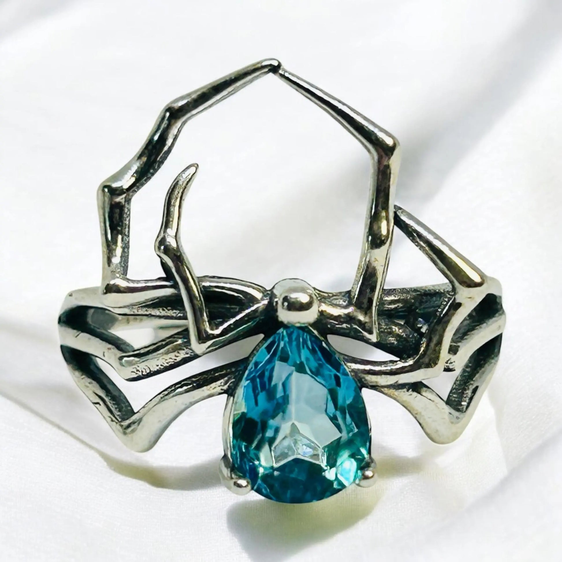 Spider Ring With Blue Topaz in 925 Sterling Silver - Adjustable Gothic Jewellery Celtic Dragon Jewellery