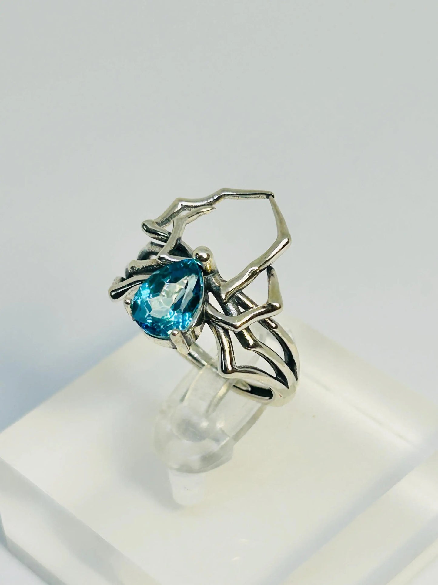 Spider Ring With Blue Topaz in 925 Sterling Silver - Adjustable Gothic Jewellery Celtic Dragon Jewellery