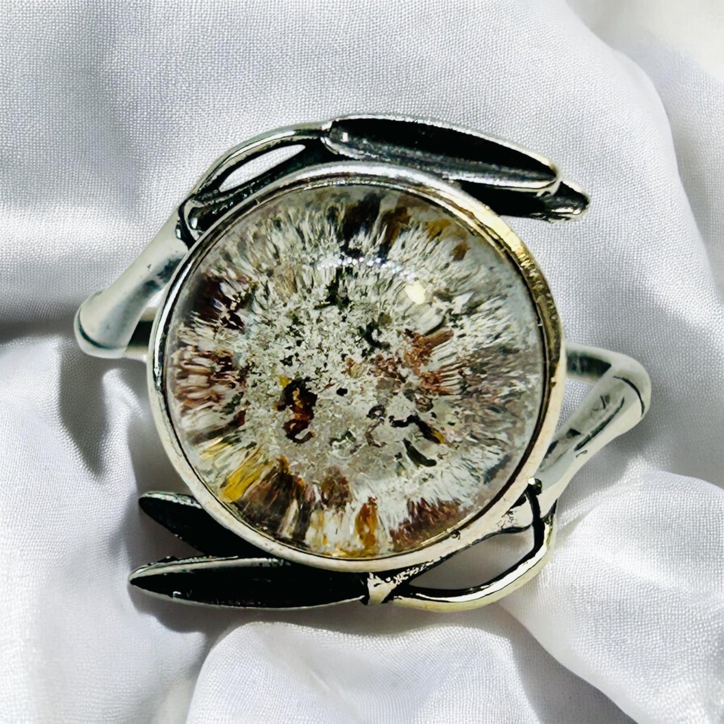 Garden Quartz Ring with Bamboo Leaf Design in 925 Sterling Silver - Adjustable Band