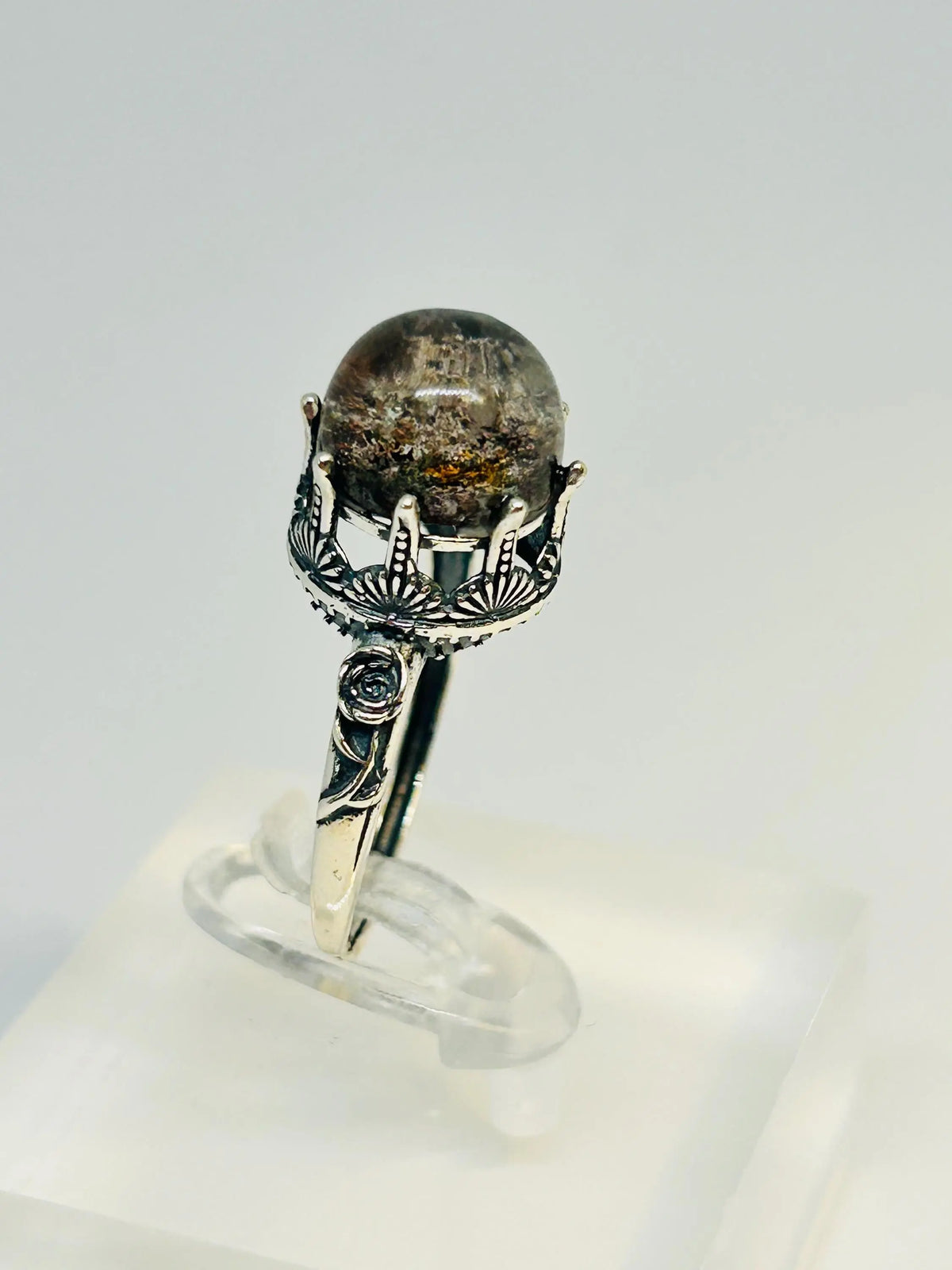 Garden Quartz Ring with Rose Design in 925 Sterling Silver - Adjustable Band Celtic Dragon Jewellery