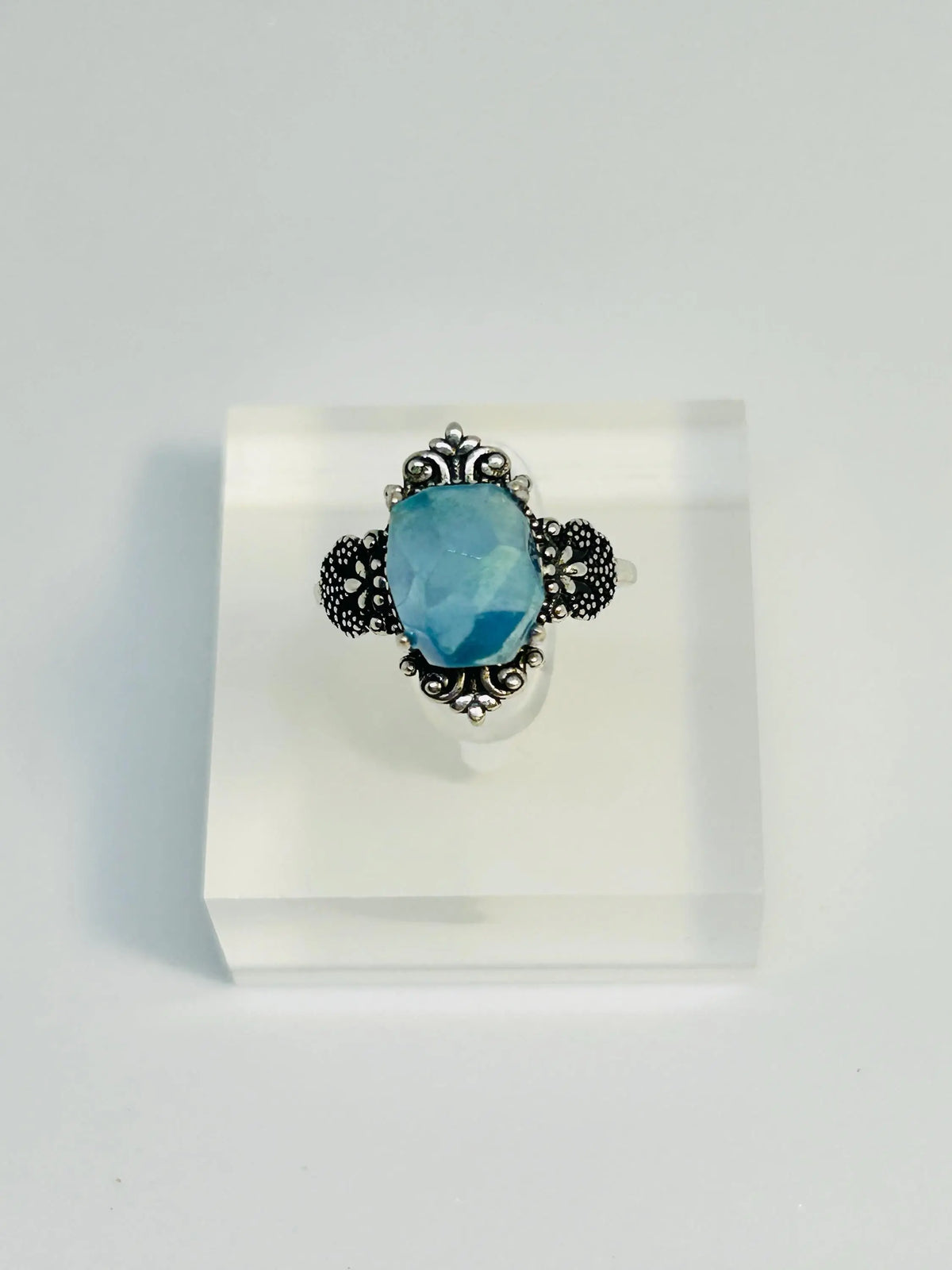 Fleur De Lys Aquamarine Ring in 925 Sterling Silver - Adjustable Gothic Jewellery Celtic Dragon Jewellery