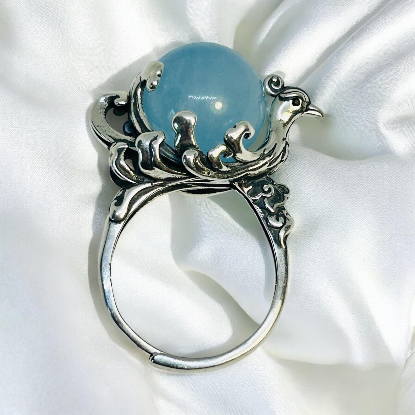 Phoenix Ring with Aquamarine in 925 Sterling Silver - Adjustable Mythology Jewellery