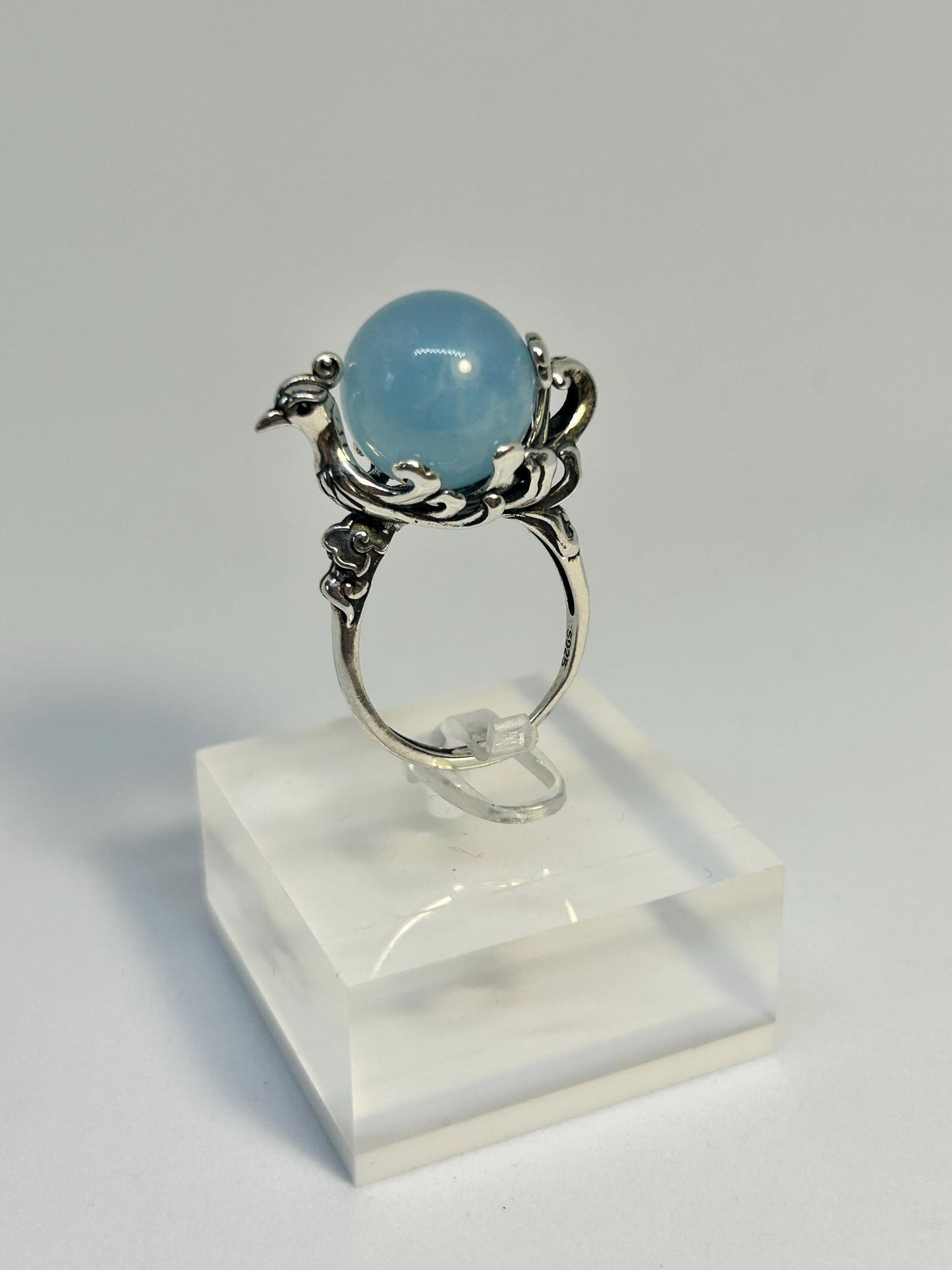 Phoenix Ring with Aquamarine in 925 Sterling Silver - Adjustable Mythology Jewellery