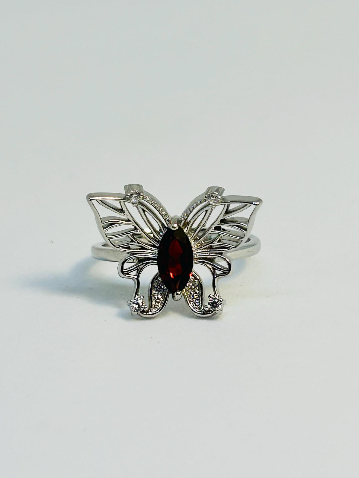 Filigree Butterfly Ring With Garnet in 925 Sterling Silver & Adjustable Band Celtic Dragon Jewellery
