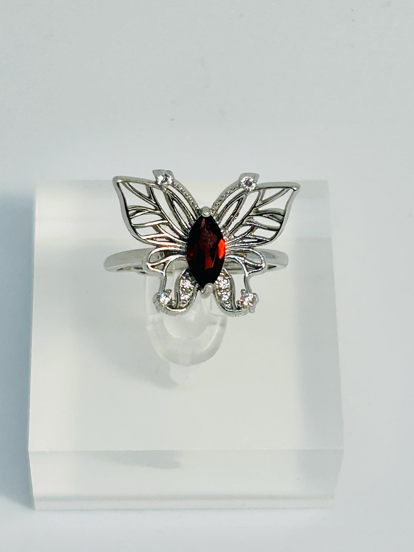 Filigree Butterfly Ring With Garnet in 925 Sterling Silver & Adjustable Band Celtic Dragon Jewellery