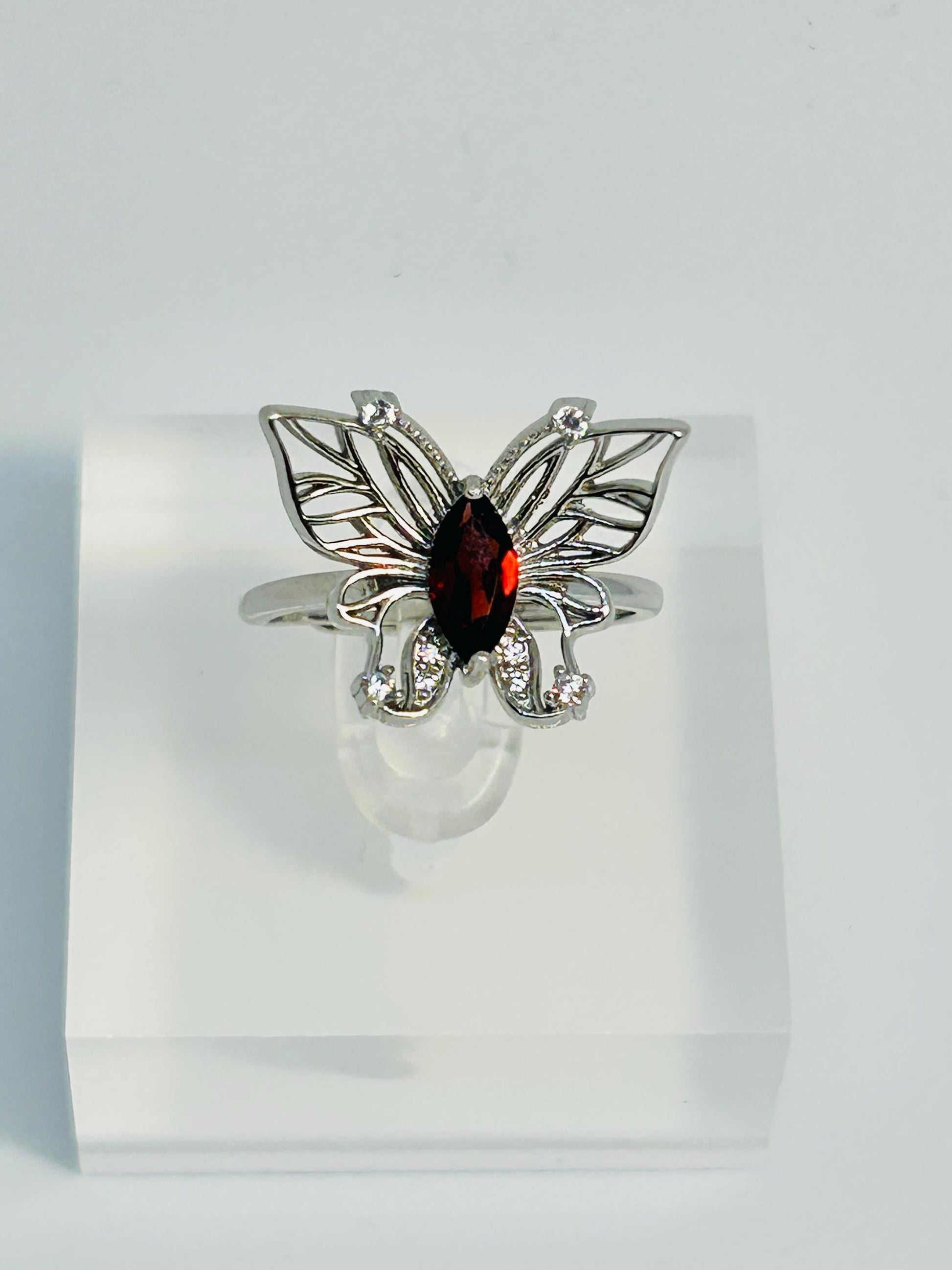 Filigree Butterfly Ring With Garnet in 925 Sterling Silver & Adjustable Band Celtic Dragon Jewellery