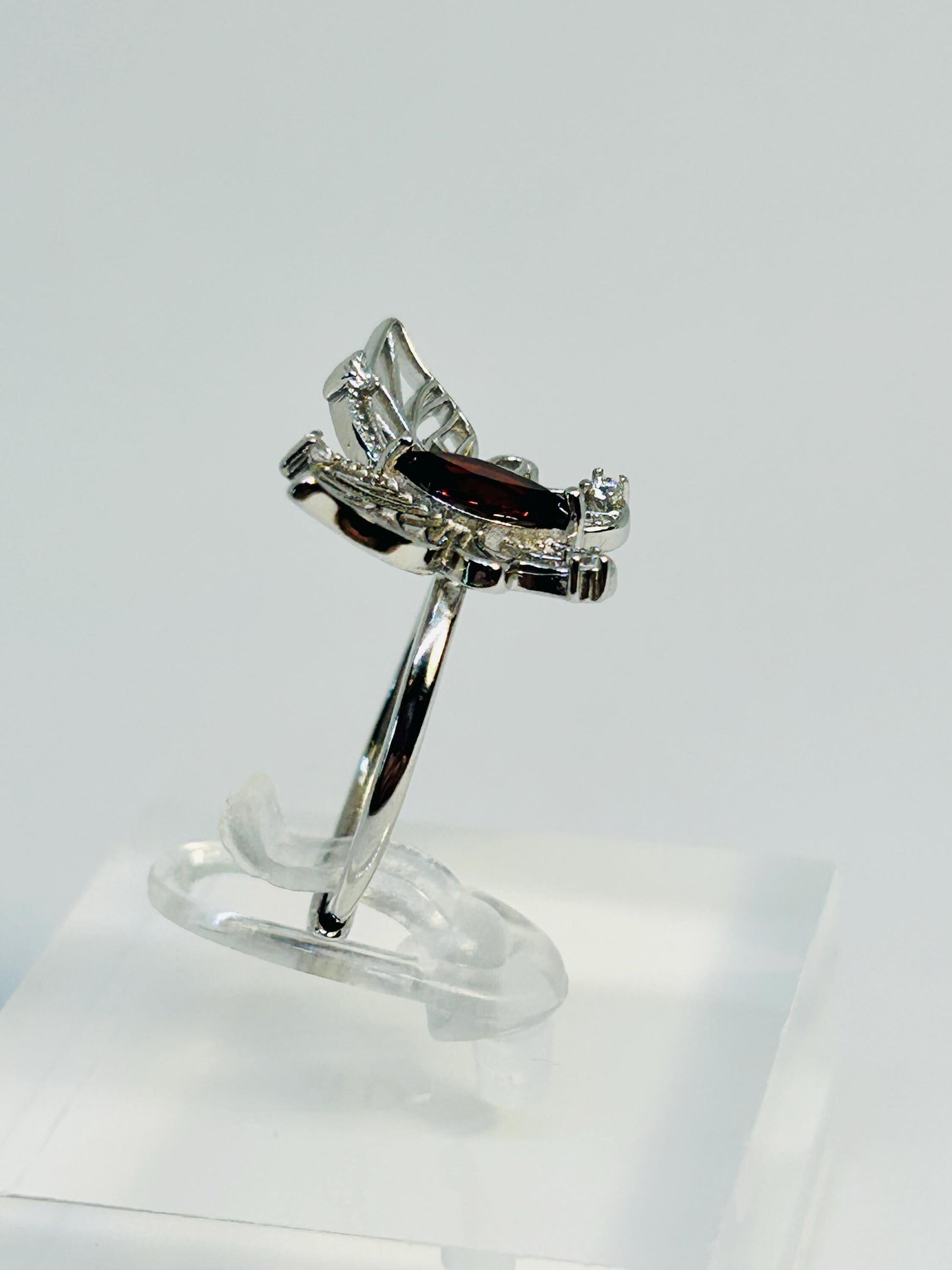 Filigree Butterfly Ring With Garnet in 925 Sterling Silver & Adjustable Band Celtic Dragon Jewellery