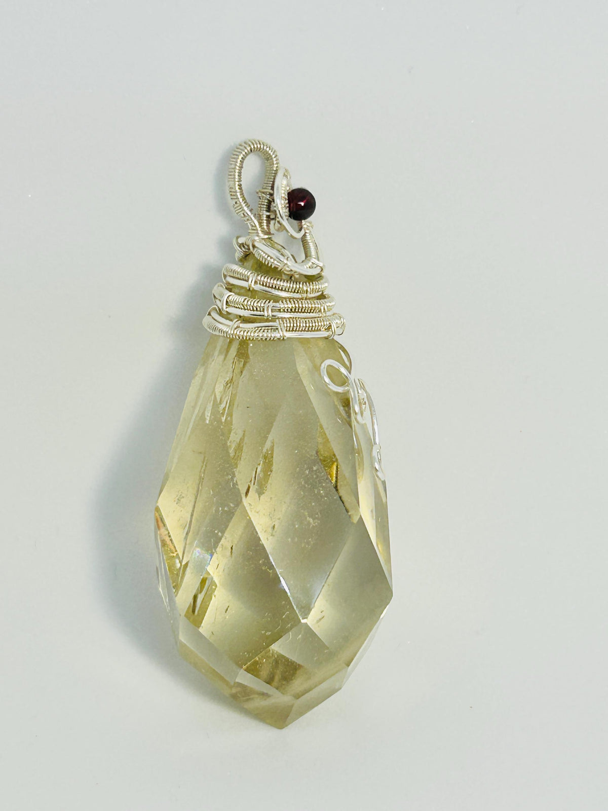 925 Silver Wire Wrapped Citrine Teardrop Pendant with Garnet Bead - with Gift Bag