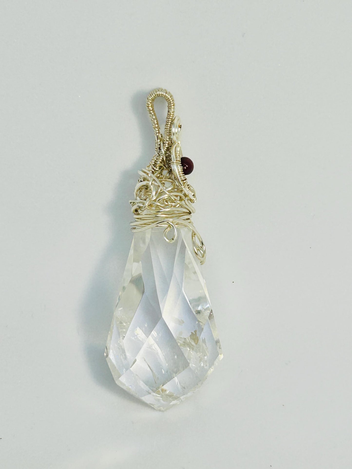 Wire Wrapped Clear Quartz Teardrop Pendant with Garnet Bead - With Gift Bag Celtic Dragon Jewellery
