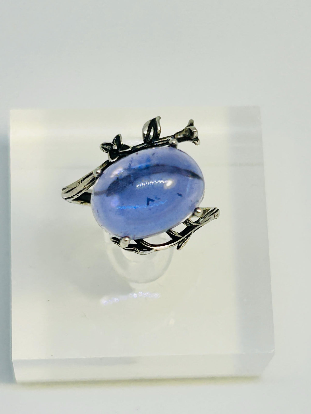 Oval Blue Fluorite Ring, Floral Sterling Silver, Adjustable Band Celtic Dragon Jewellery