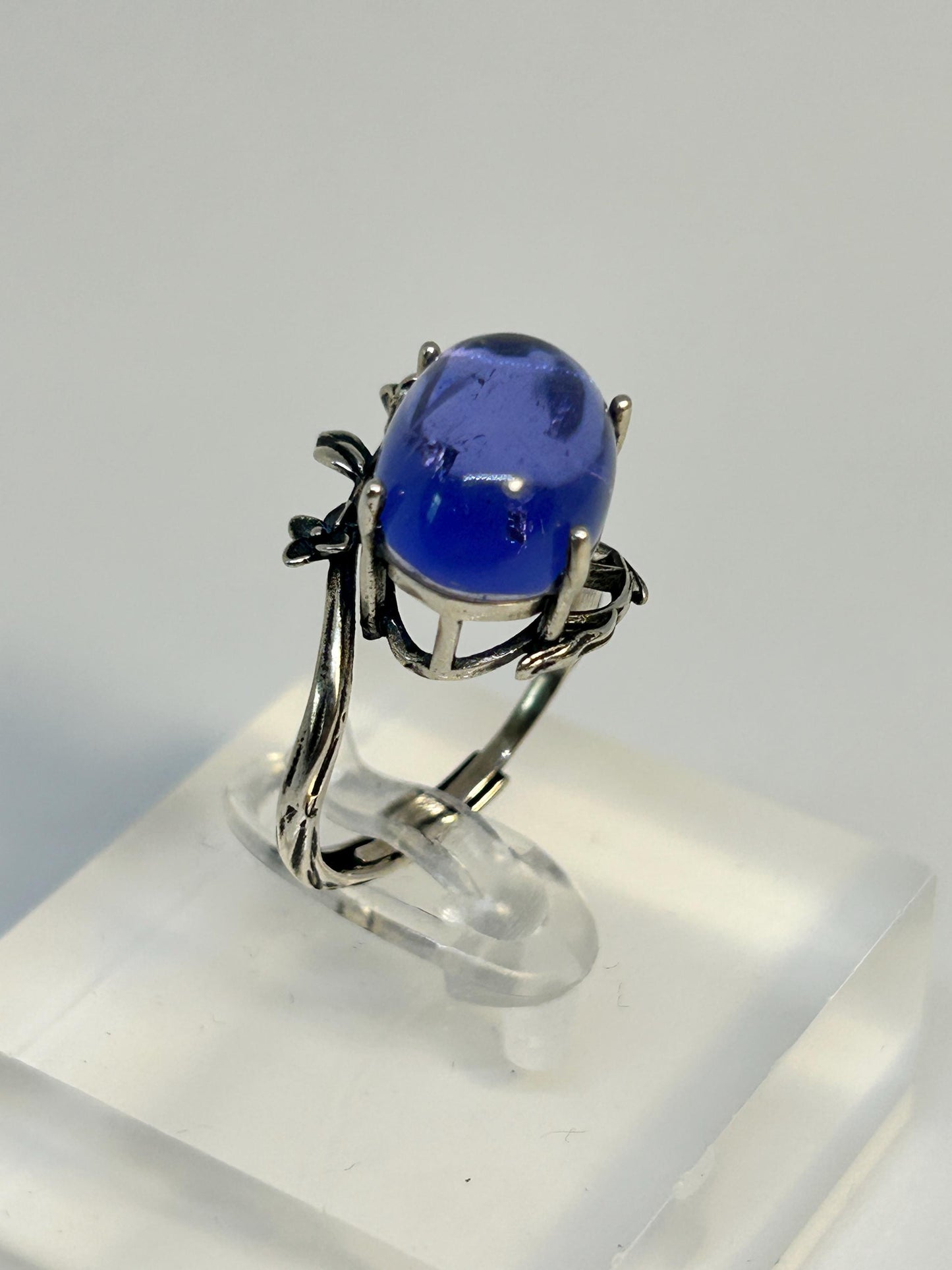Oval Blue Fluorite Ring, Floral Sterling Silver, Adjustable Band Celtic Dragon Jewellery