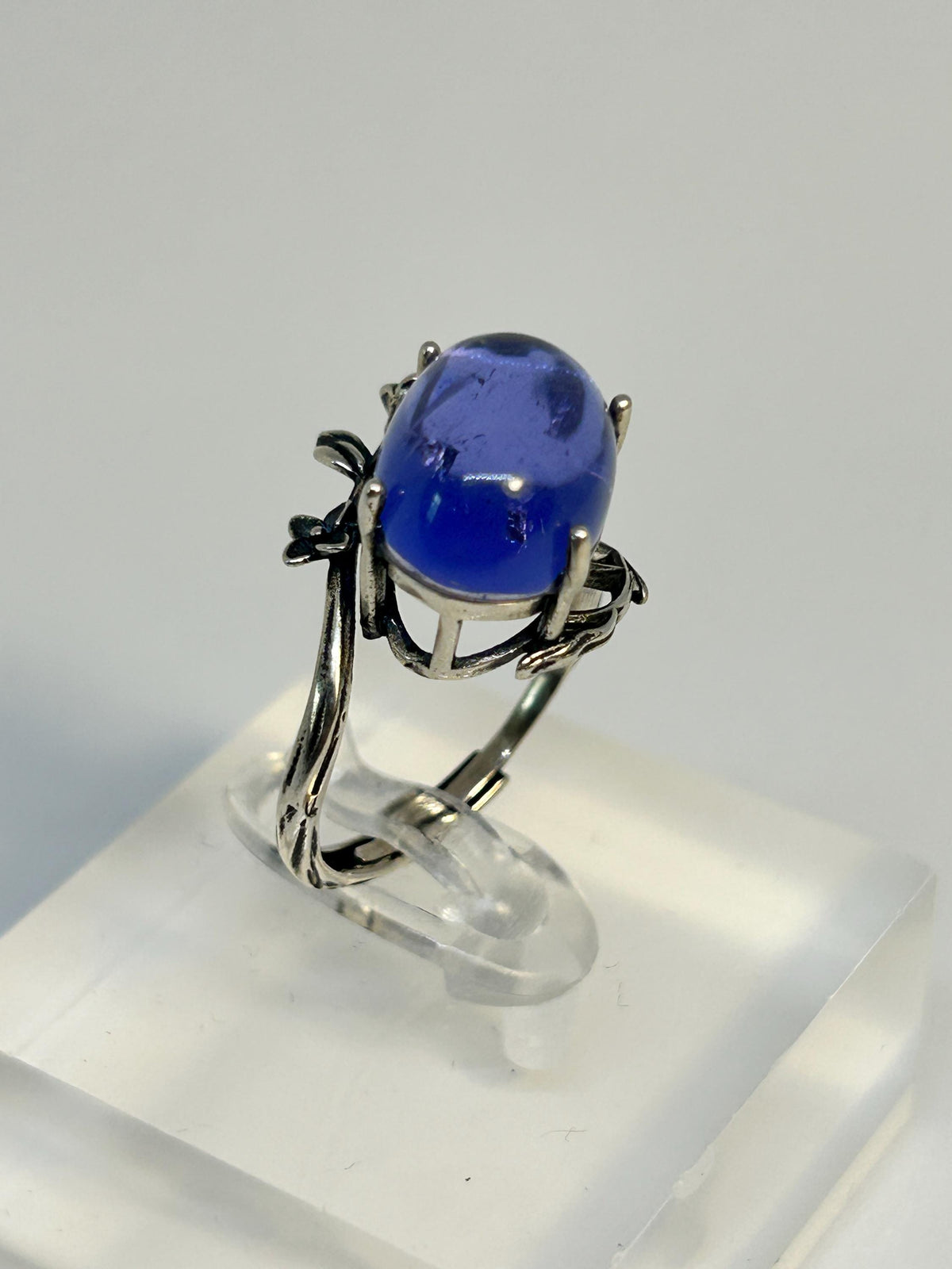 Oval Blue Fluorite Ring, Floral Sterling Silver, Adjustable Band Celtic Dragon Jewellery