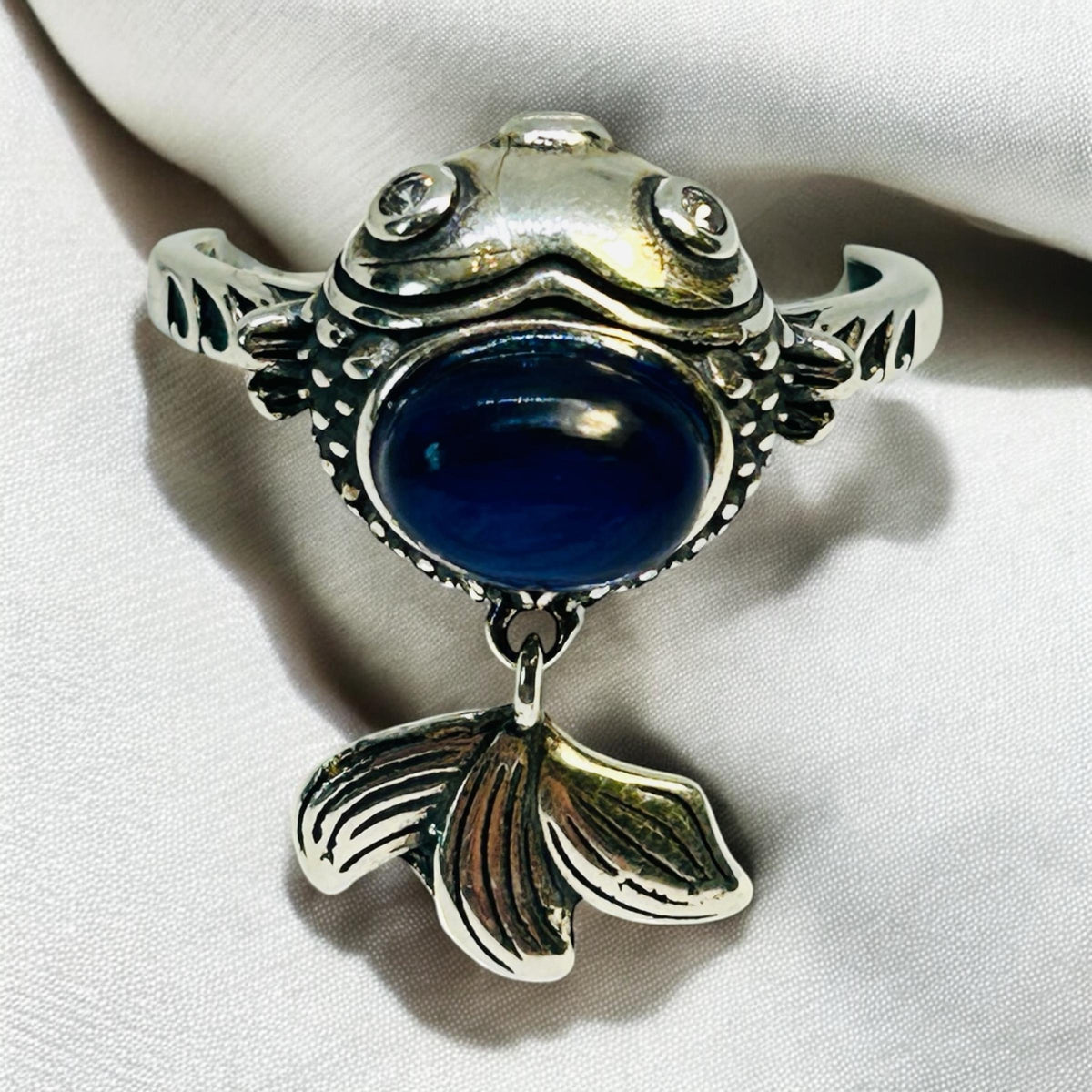Fancy Fish Ring With Blue Kyanite in 925 Sterling Silver - Adjustable Band