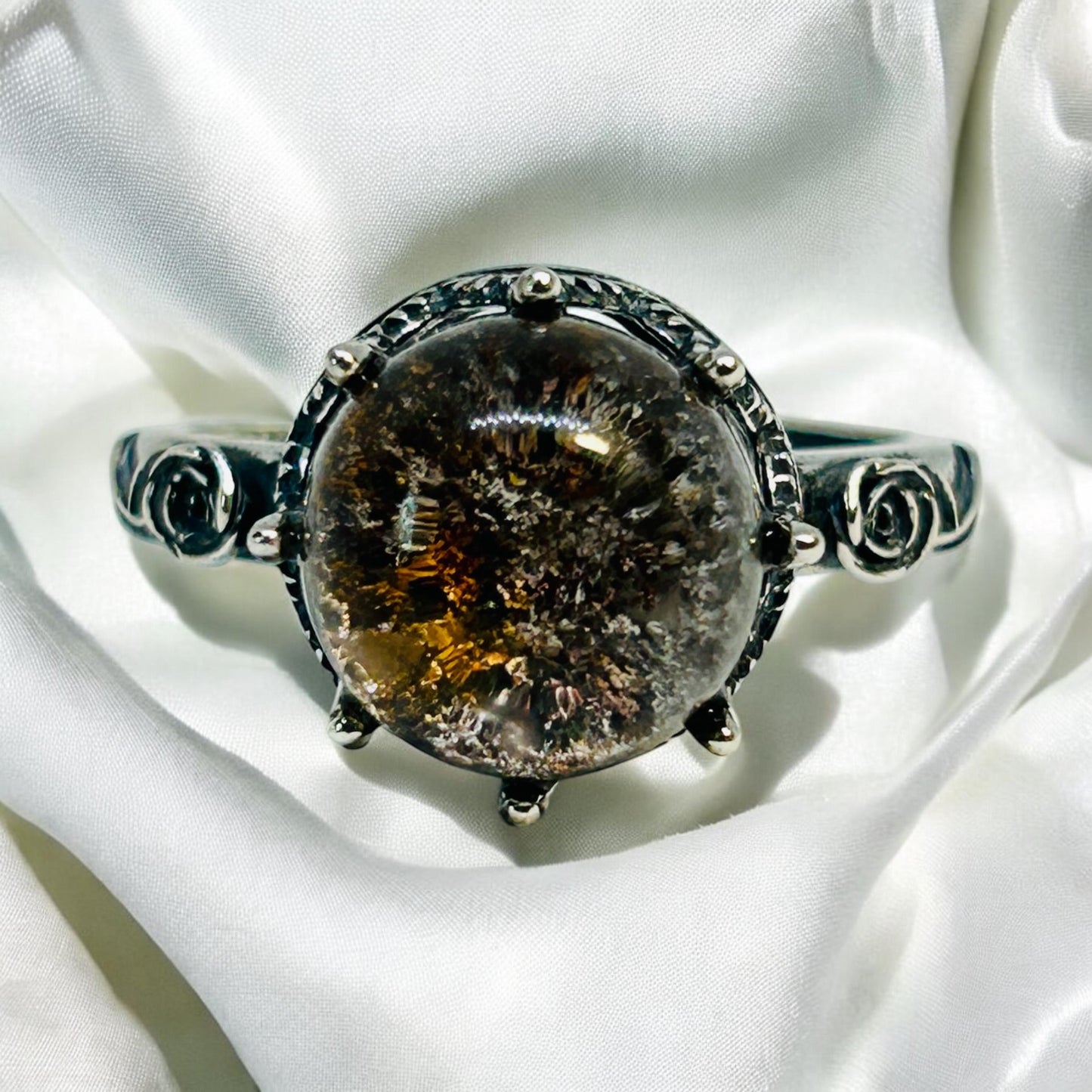 Garden Quartz Ring with Rose Design in 925 Sterling Silver - Adjustable Band