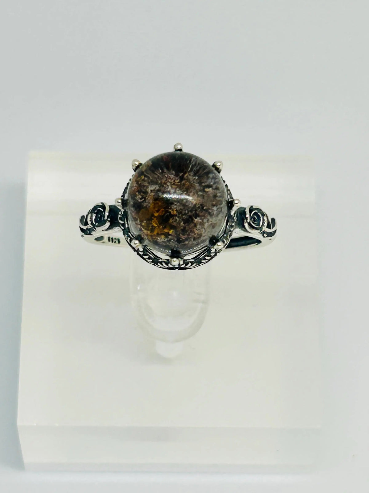 Garden Quartz Ring with Rose Design in 925 Sterling Silver - Adjustable Band Celtic Dragon Jewellery