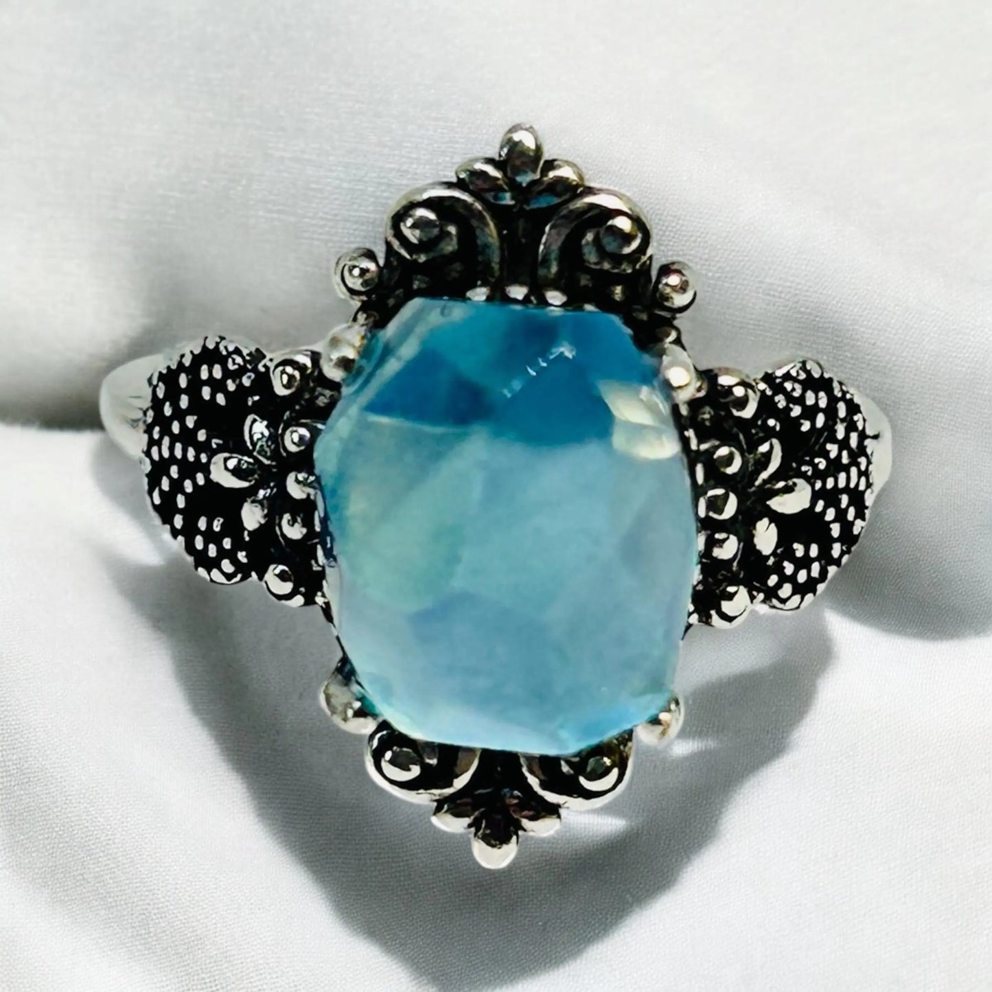 Fleur De Lys Aquamarine Ring in 925 Sterling Silver - Adjustable Gothic Jewellery Celtic Dragon Jewellery
