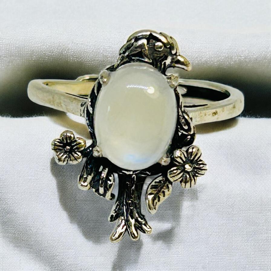 Bird Ring with Moonstone in 925 Sterling Silver & Adjustable Band Celtic Dragon Jewellery