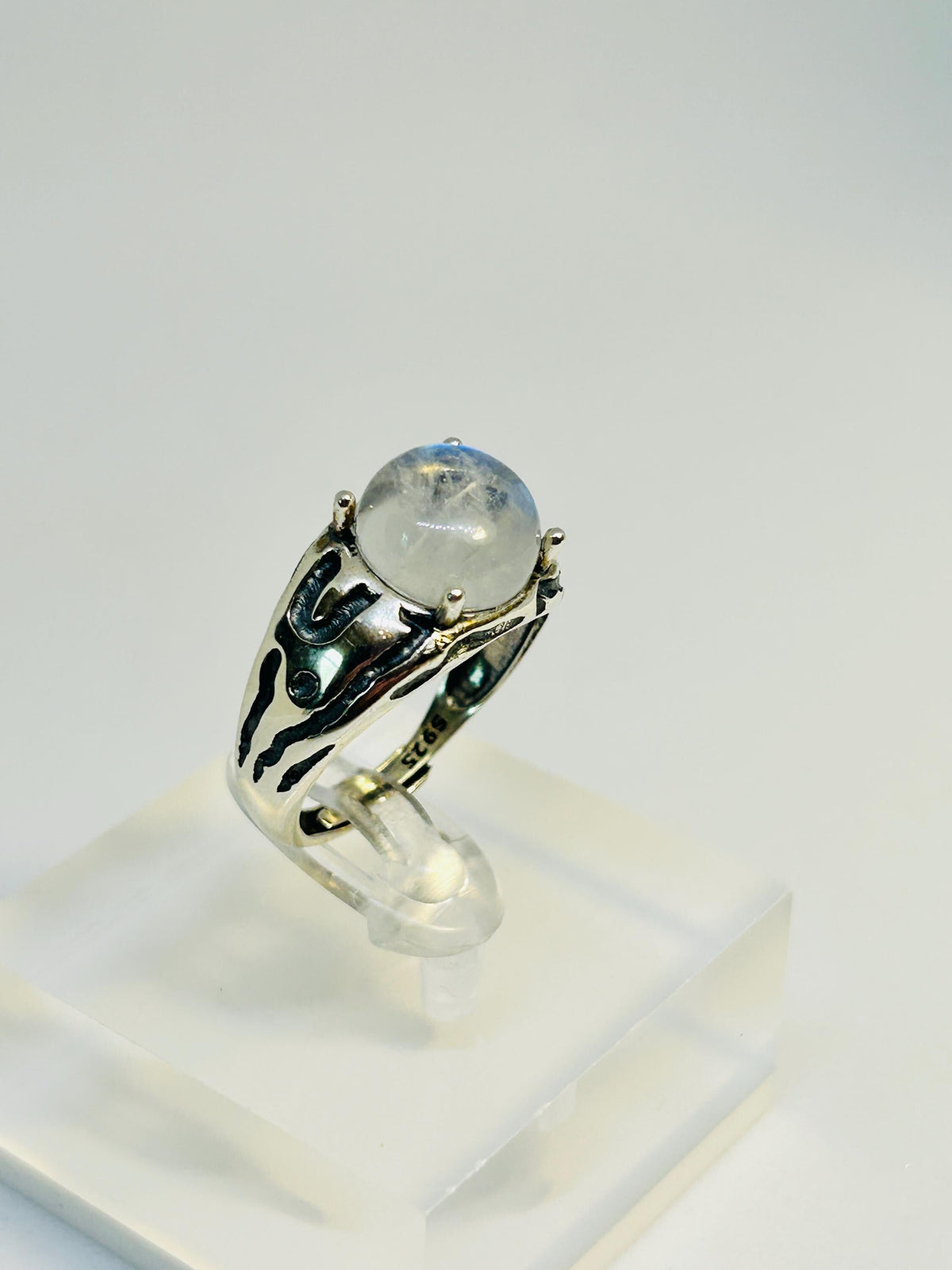 Rainbow Moonstone Ring in 925 Sterling Silver - Chunky Claw Set Adjustable Band Celtic Dragon Jewellery