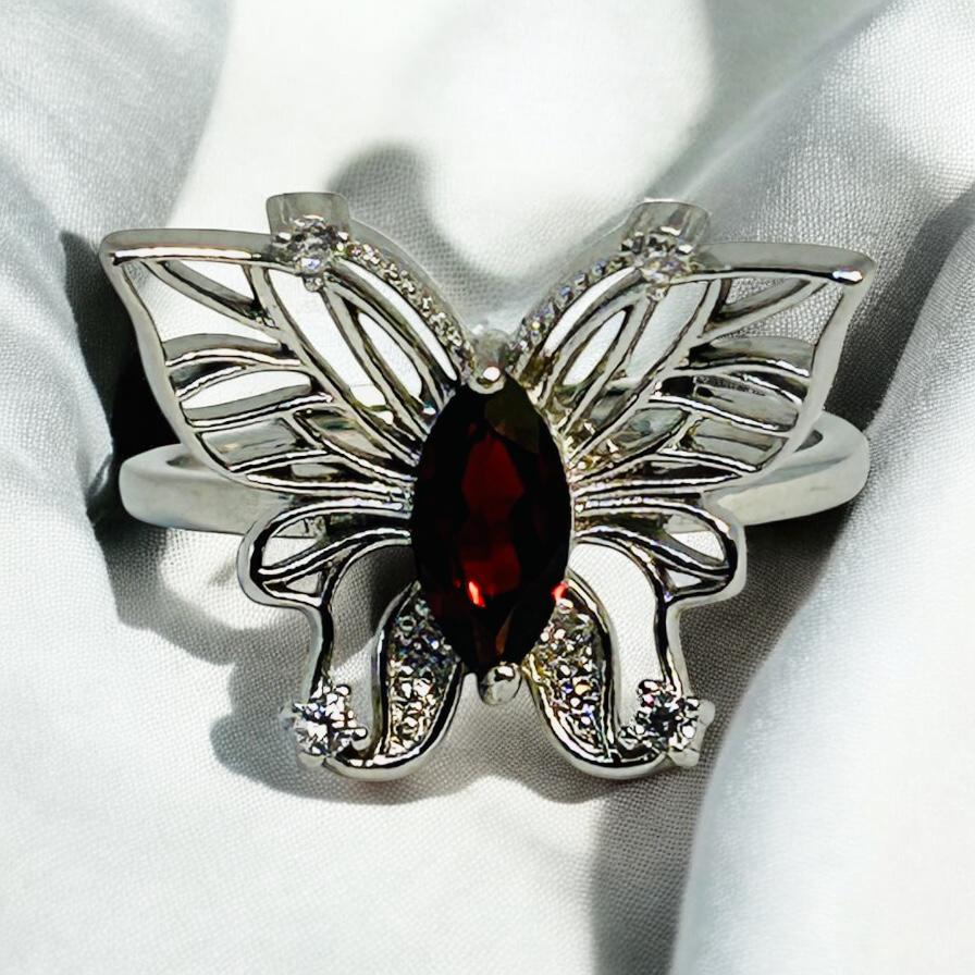 Filigree Butterfly Ring With Garnet in 925 Sterling Silver & Adjustable Band Celtic Dragon Jewellery