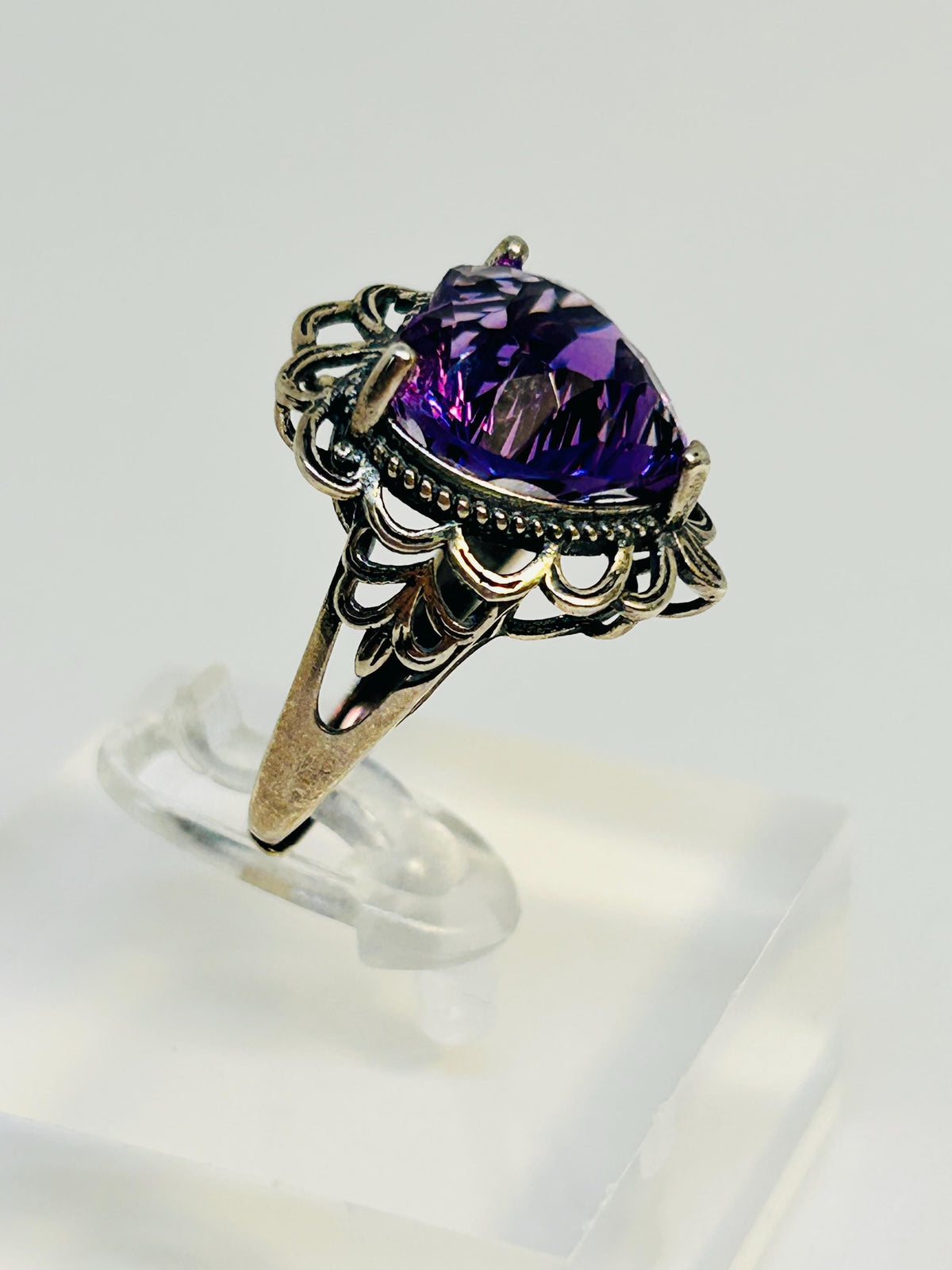 Ornate Heart Ring with Amethyst in 925 Sterling Silver - Adjustable Gothic Romance Jewellery Celtic Dragon Jewellery