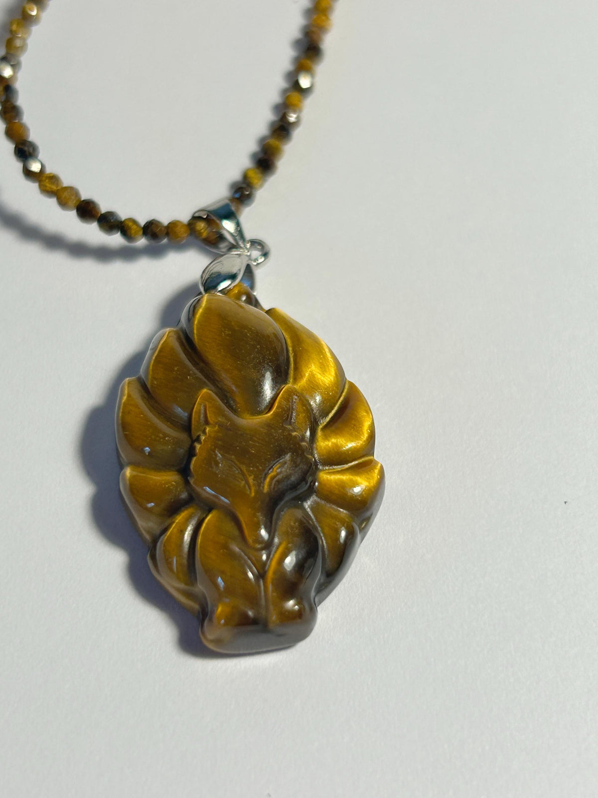 Tigers Eye 9 Tail Fox Necklace: Gemstone Kitsune Jewelry Celtic Dragon Jewellery