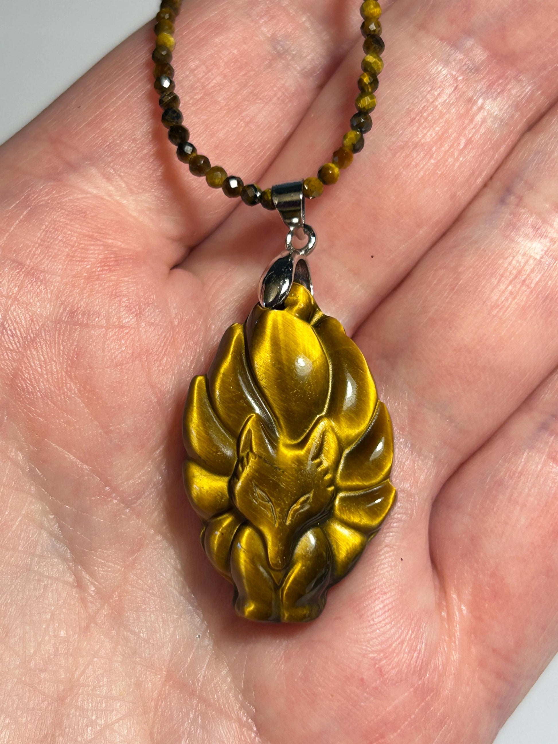 Tigers Eye 9 Tail Fox Necklace: Gemstone Kitsune Jewelry Celtic Dragon Jewellery
