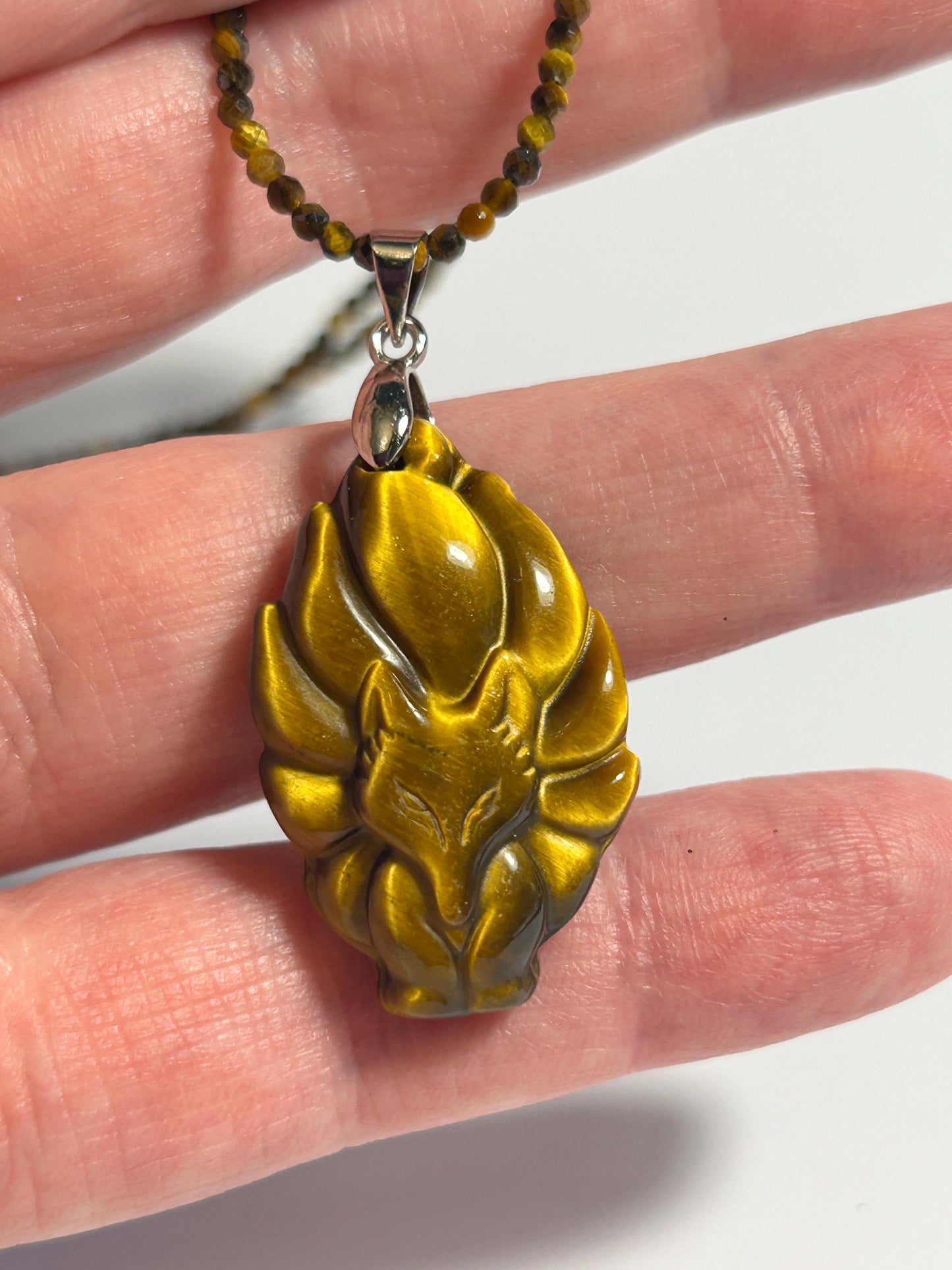 Tigers Eye 9 Tail Fox Necklace: Gemstone Kitsune Jewelry Celtic Dragon Jewellery