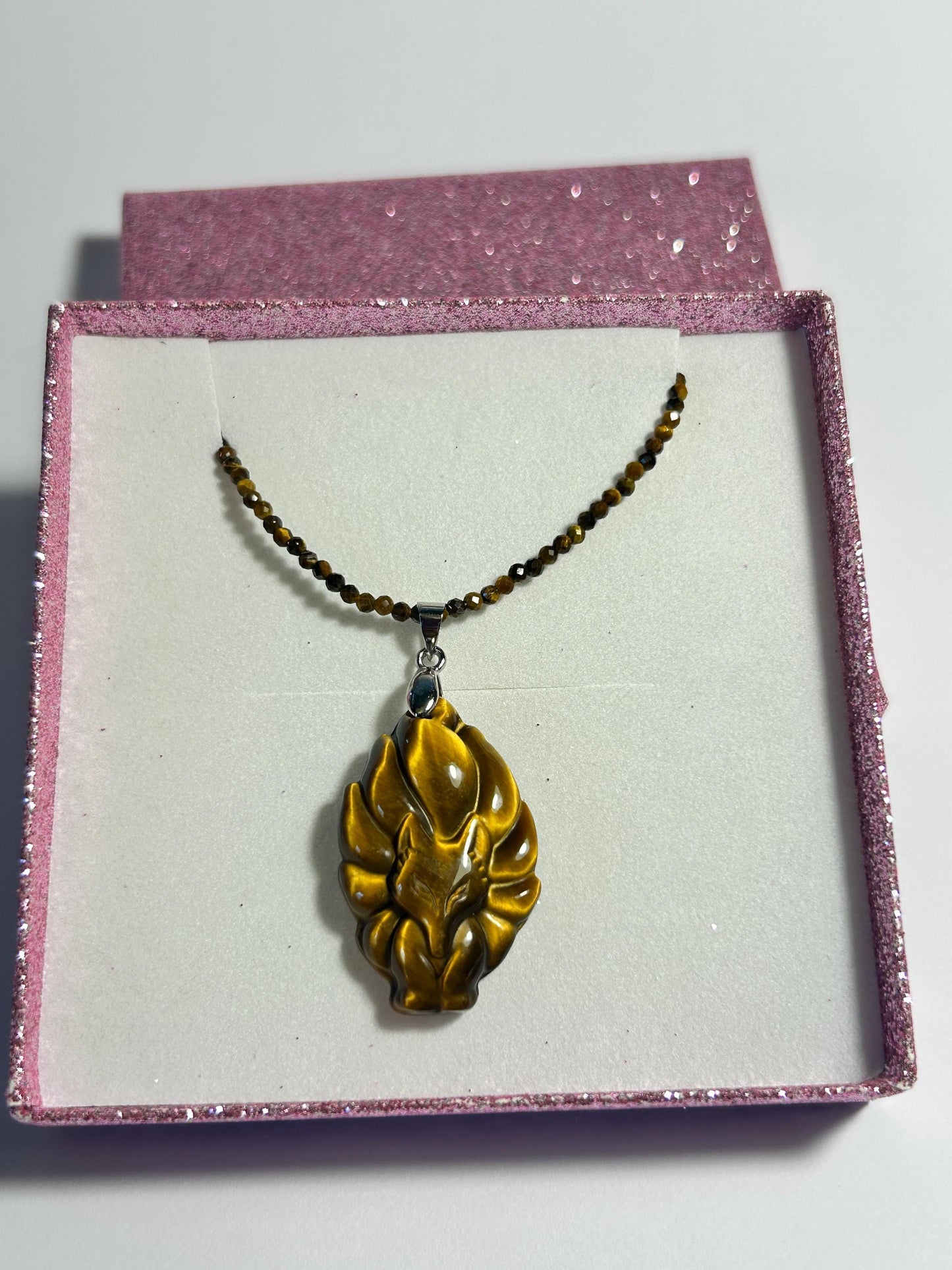Tigers Eye 9 Tail Fox Necklace: Gemstone Kitsune Jewelry Celtic Dragon Jewellery