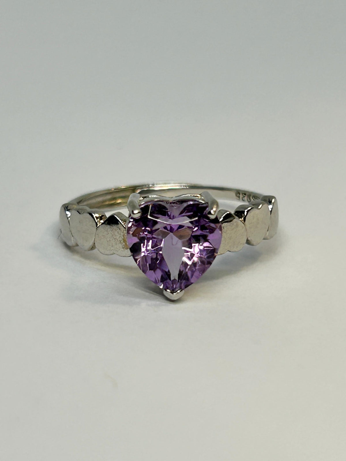 Amethyst Heart Ring 925 Silver - Stamped Heart Band Adjustable Promise Jewellery Celtic Dragon Jewellery