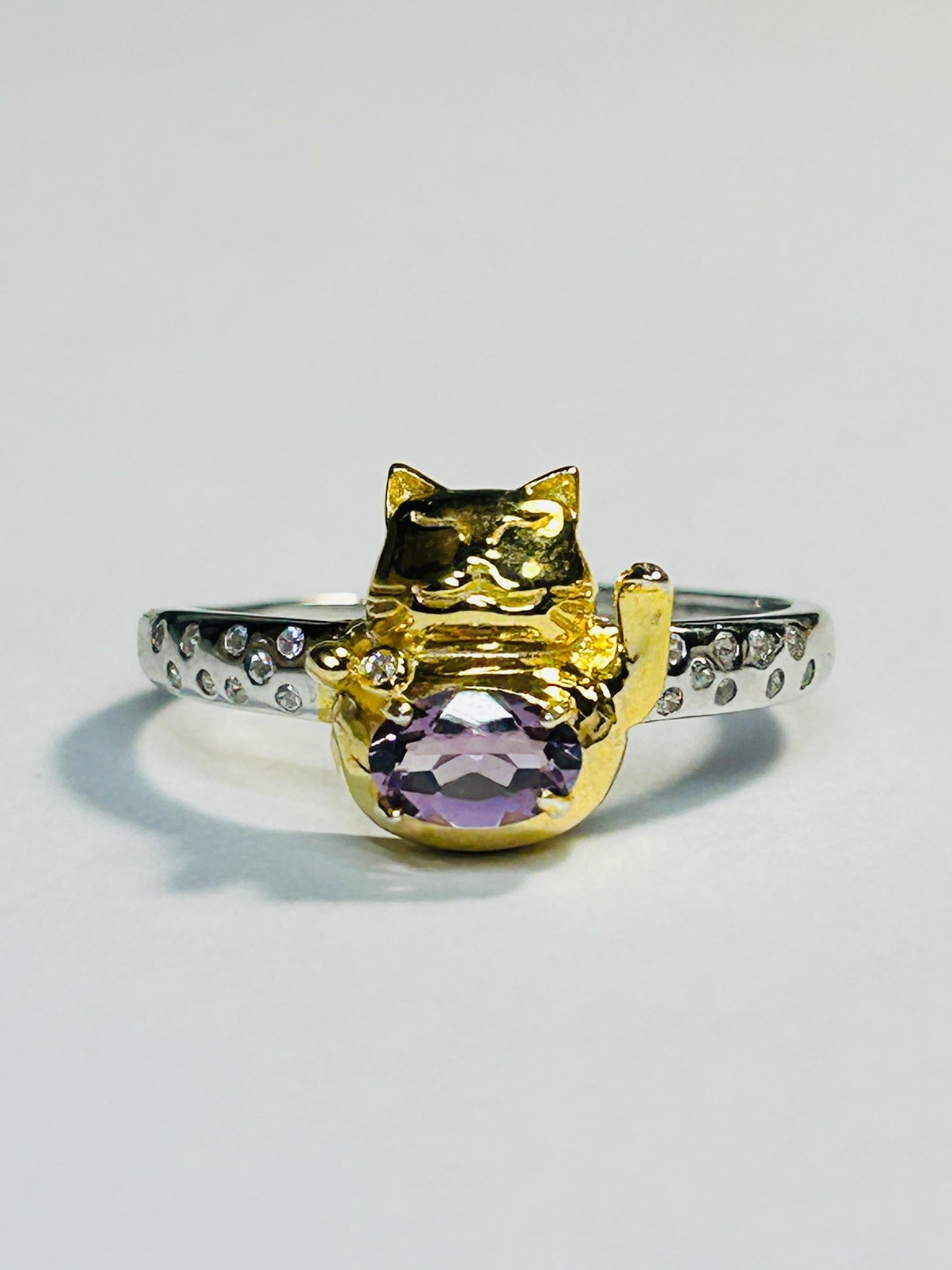 Maneki Neko Lucky Cat Ring – Sterling Silver, Amethyst, CZ Accents Celtic Dragon Jewellery
