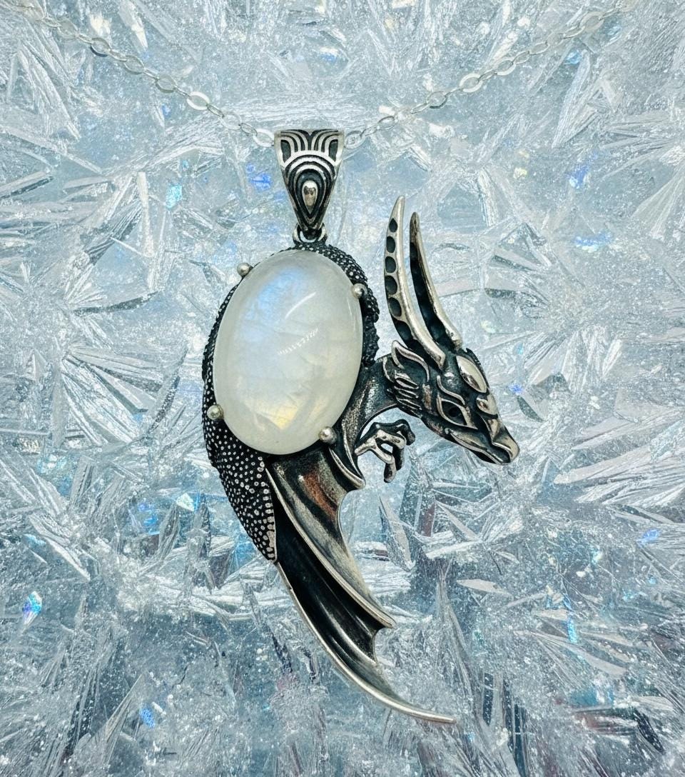 Moonstone Dragon Pendant - 925 Sterling Silver - Blue Flashy Gemstone - Gift Boxed Celtic Dragon Jewellery