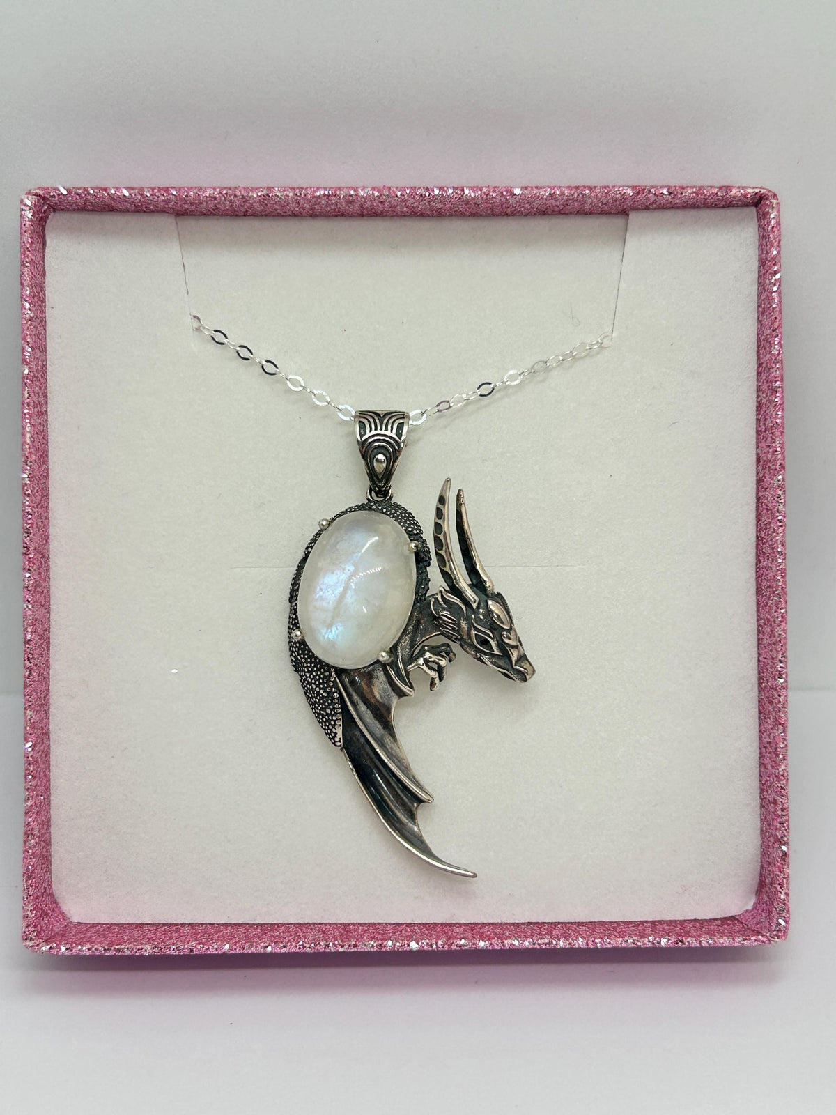 Moonstone Dragon Pendant - 925 Sterling Silver - Blue Flashy Gemstone - Gift Boxed Celtic Dragon Jewellery